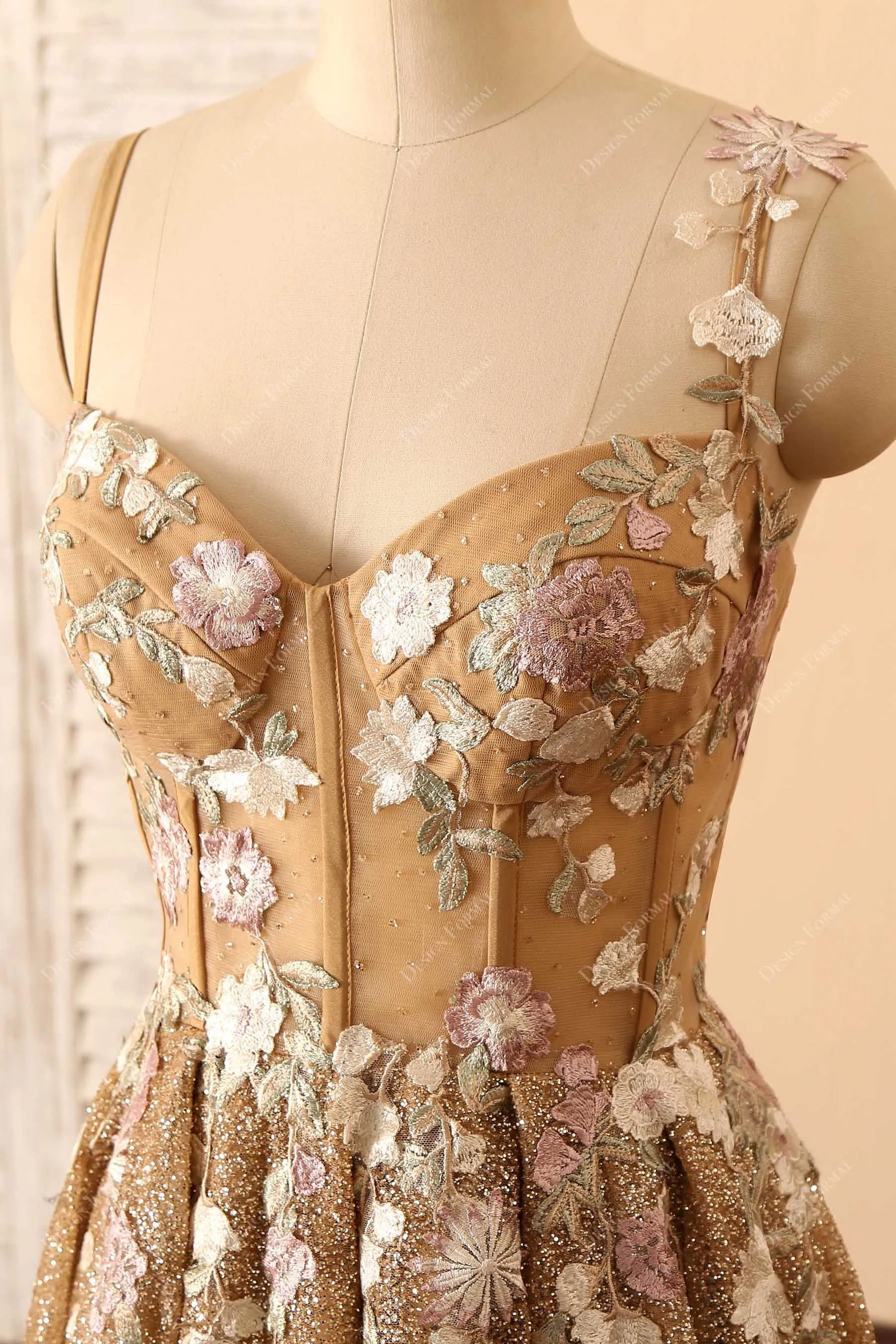 Gold Ombre Glitter Corset Embroidery Unique Long Prom Dress