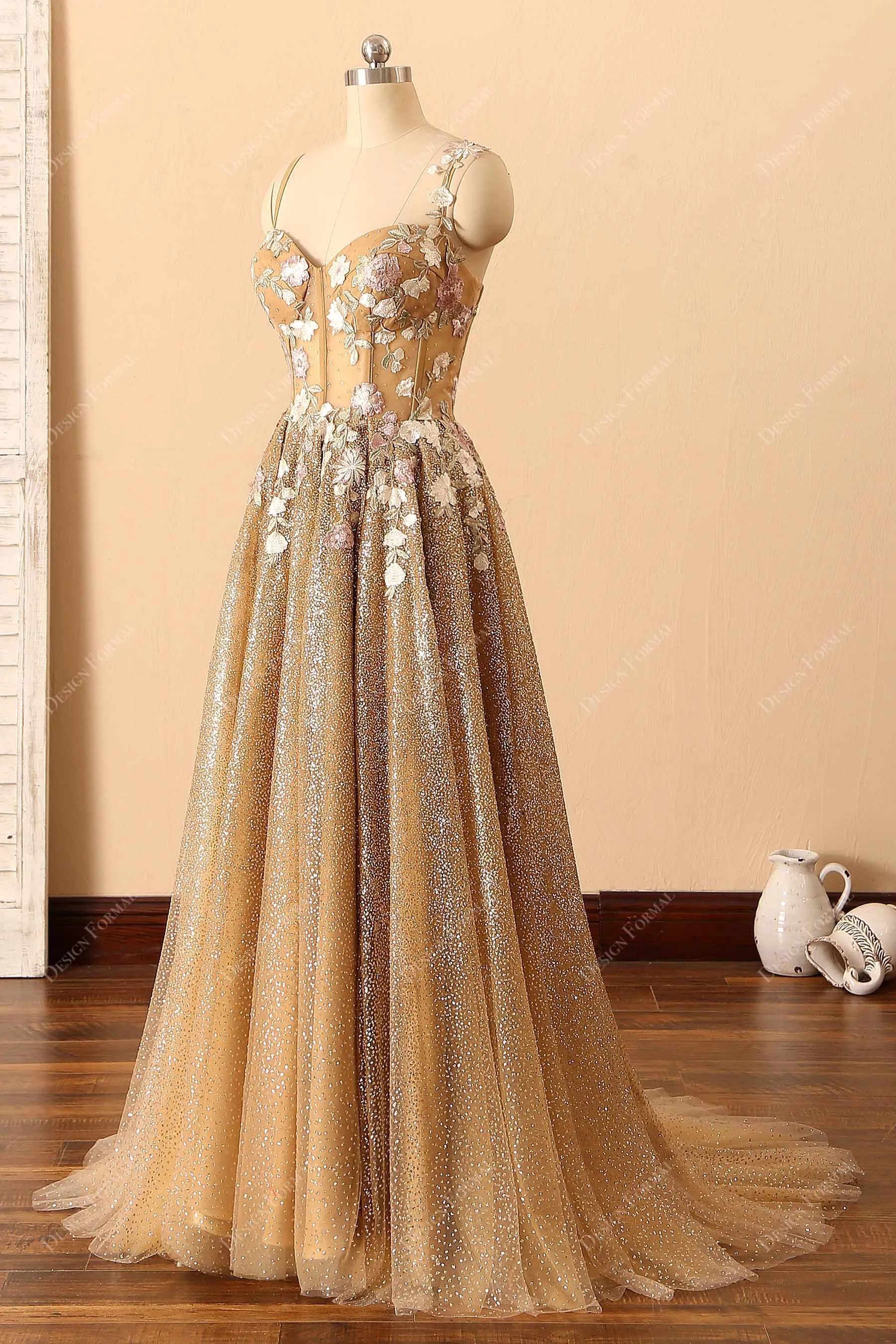 Gold Ombre Glitter Corset Embroidery Unique Long Prom Dress