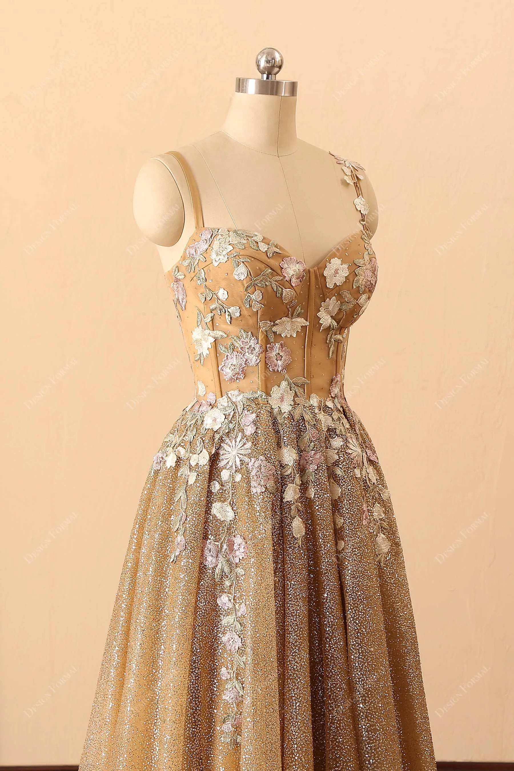 Gold Ombre Glitter Corset Embroidery Unique Long Prom Dress