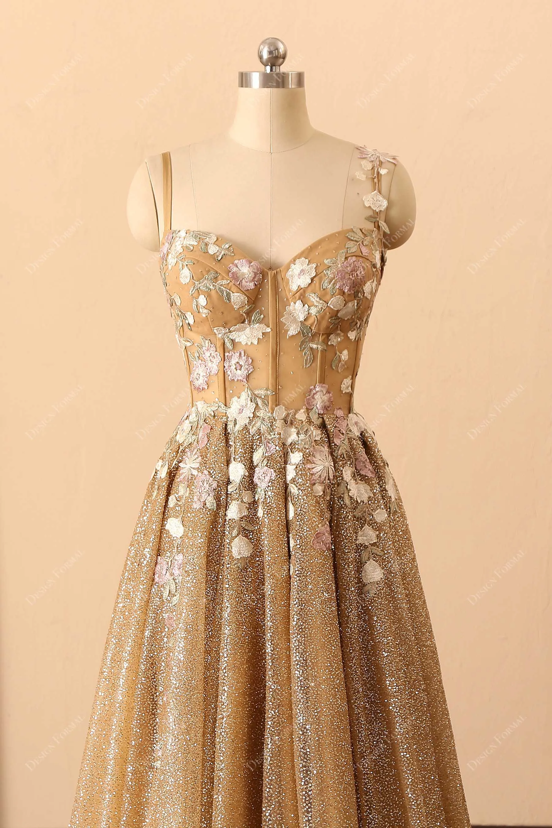 Gold Ombre Glitter Corset Embroidery Unique Long Prom Dress