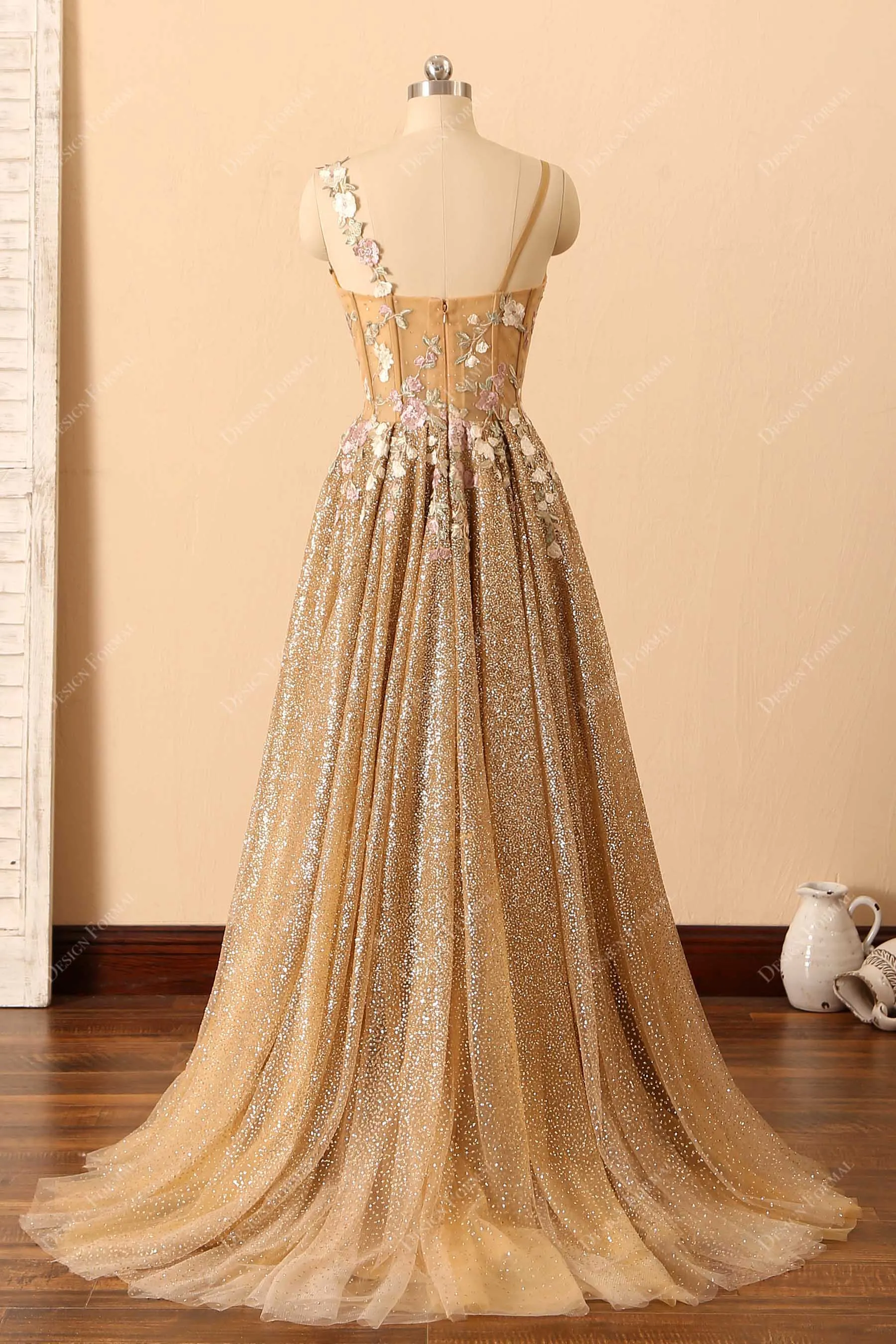 Gold Ombre Glitter Corset Embroidery Unique Long Prom Dress