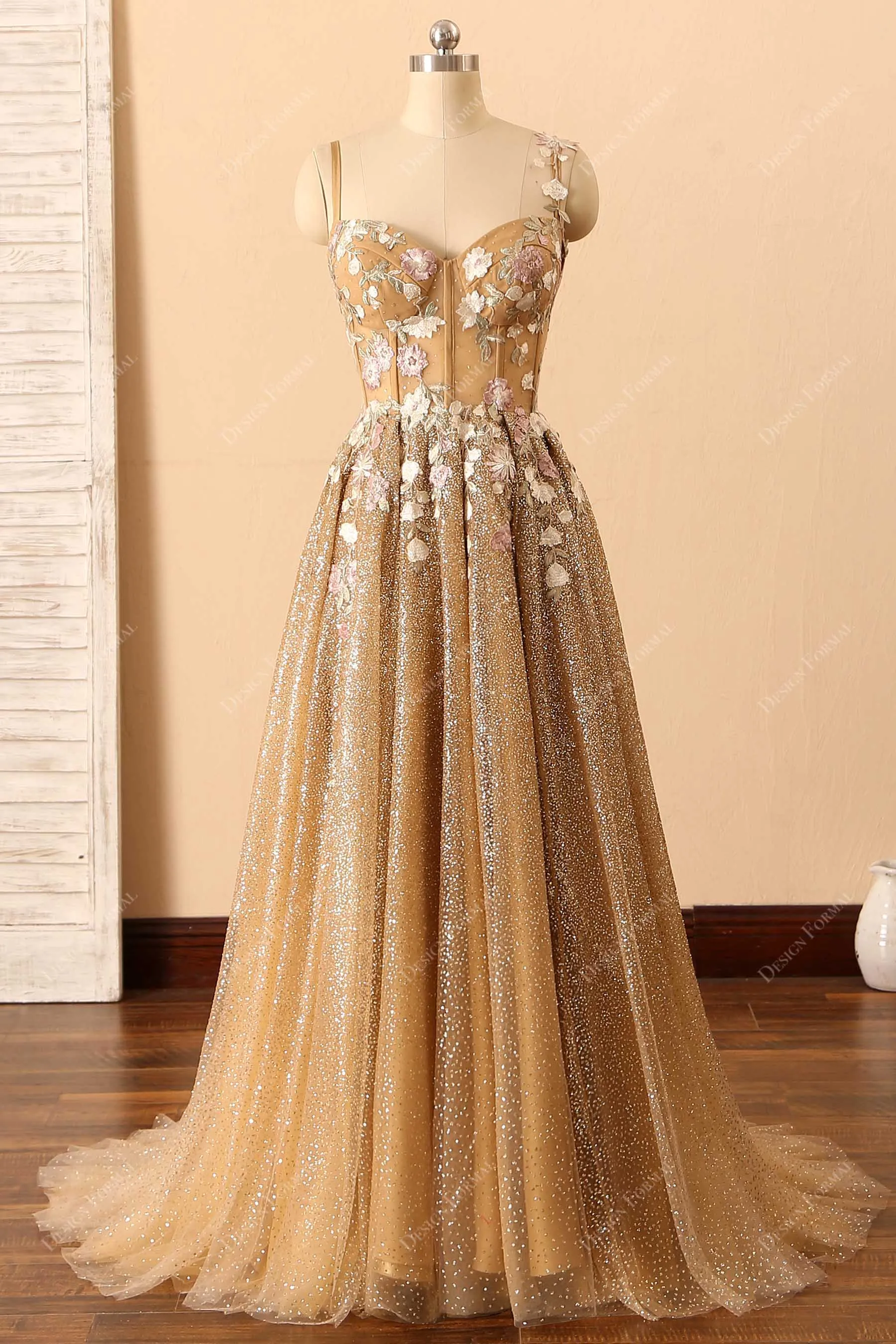 Gold Ombre Glitter Corset Embroidery Unique Long Prom Dress