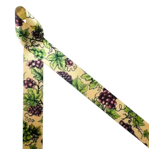 Grapes Ribbon with grape leaves on 7/8" raw silk single face satin