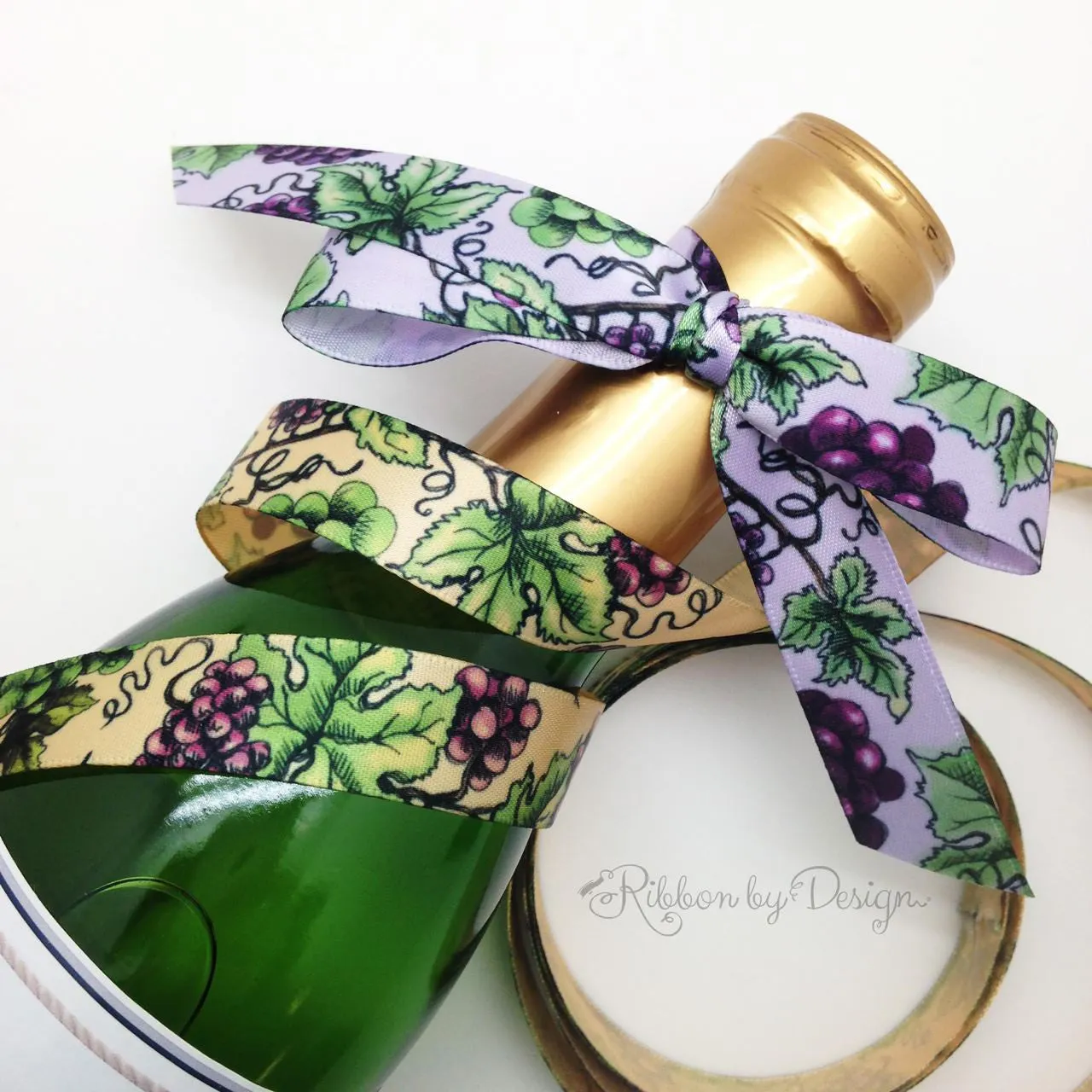 Grapes Ribbon with grape leaves on 7/8" raw silk single face satin