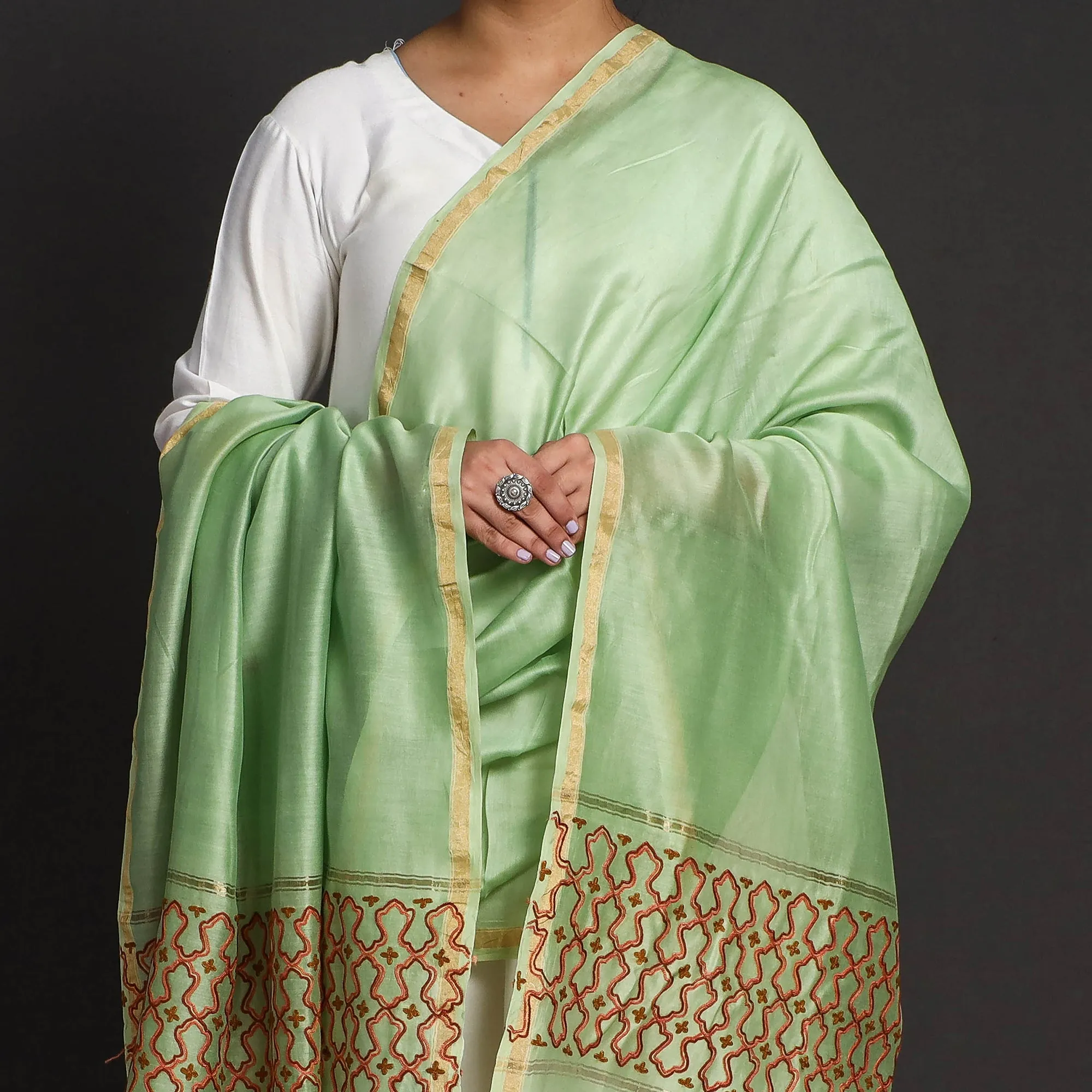 Green - Kashidakari Hand Embroidery Chanderi Silk Handloom Dupatta with Zari Border