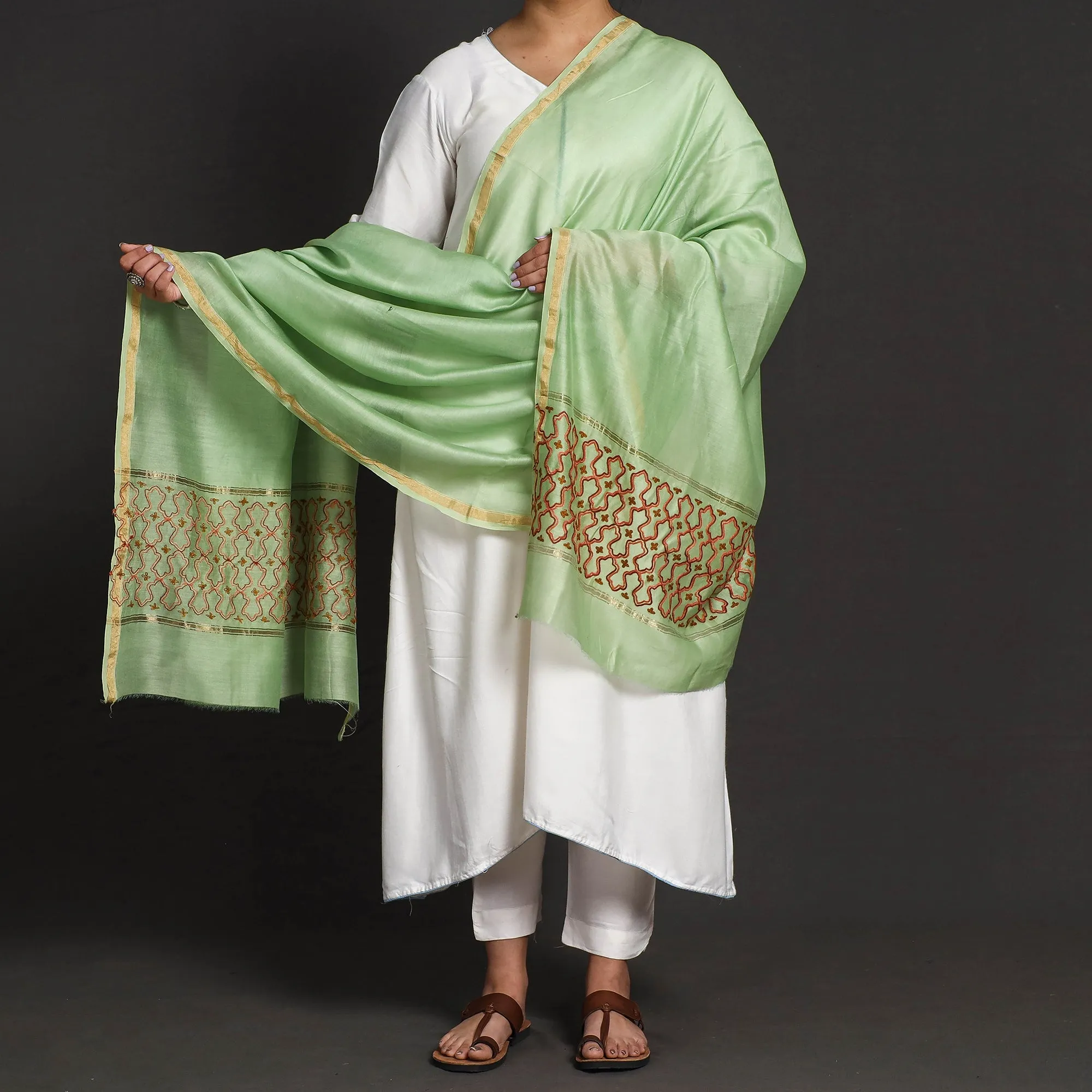 Green - Kashidakari Hand Embroidery Chanderi Silk Handloom Dupatta with Zari Border