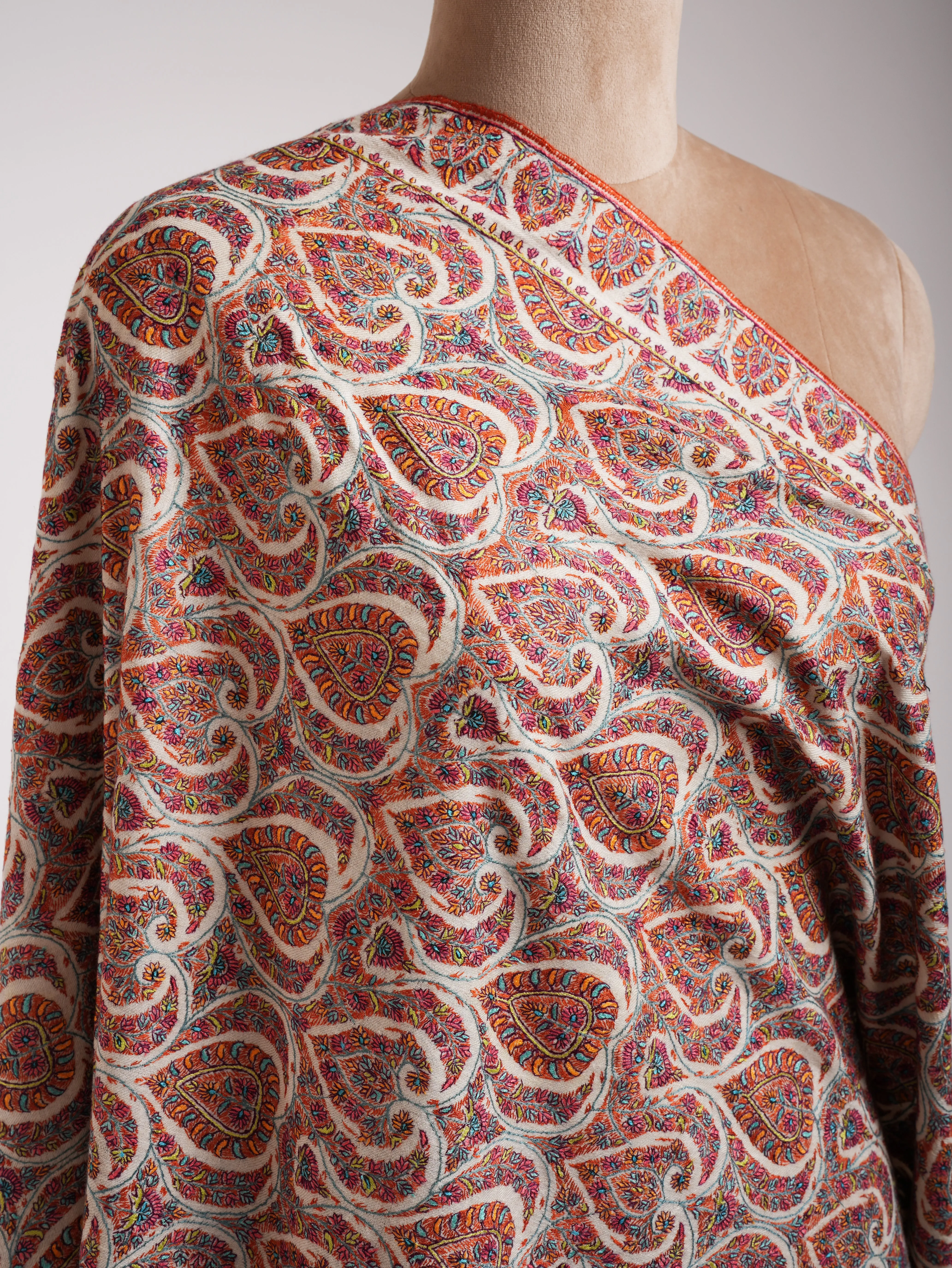 Hand Sozni Embroidered White Pashmina Jamavar Shawl