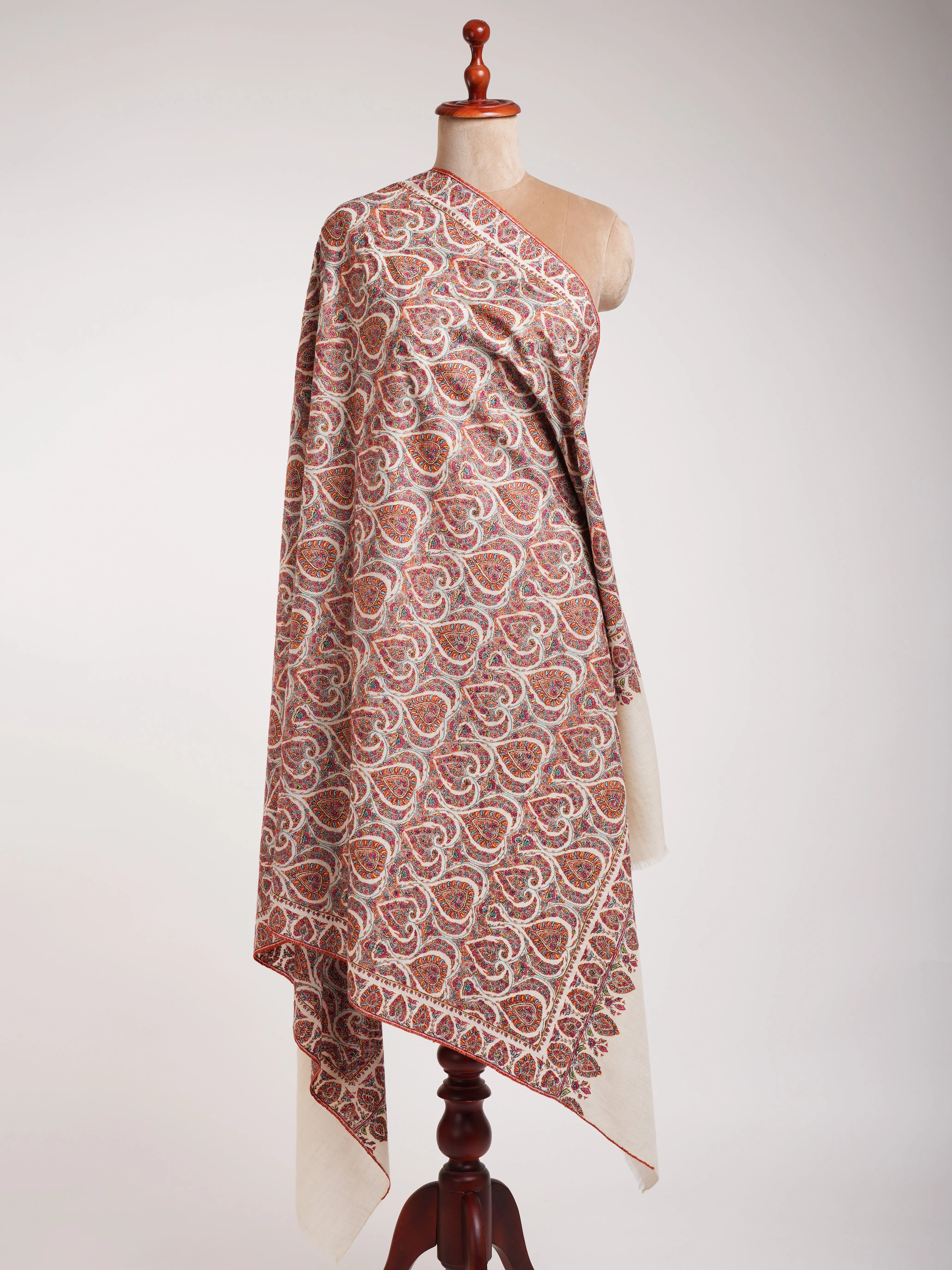 Hand Sozni Embroidered White Pashmina Jamavar Shawl