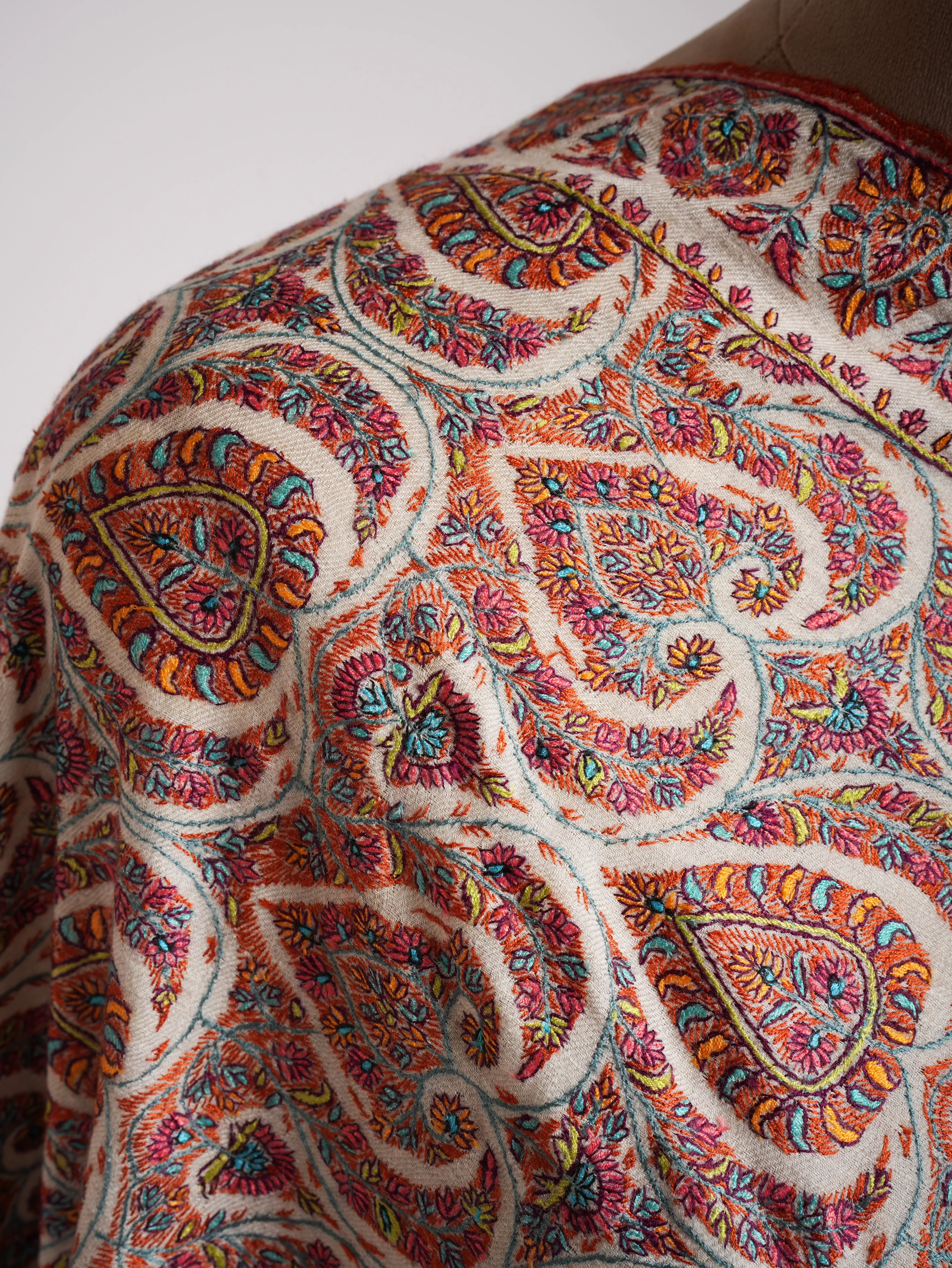 Hand Sozni Embroidered White Pashmina Jamavar Shawl