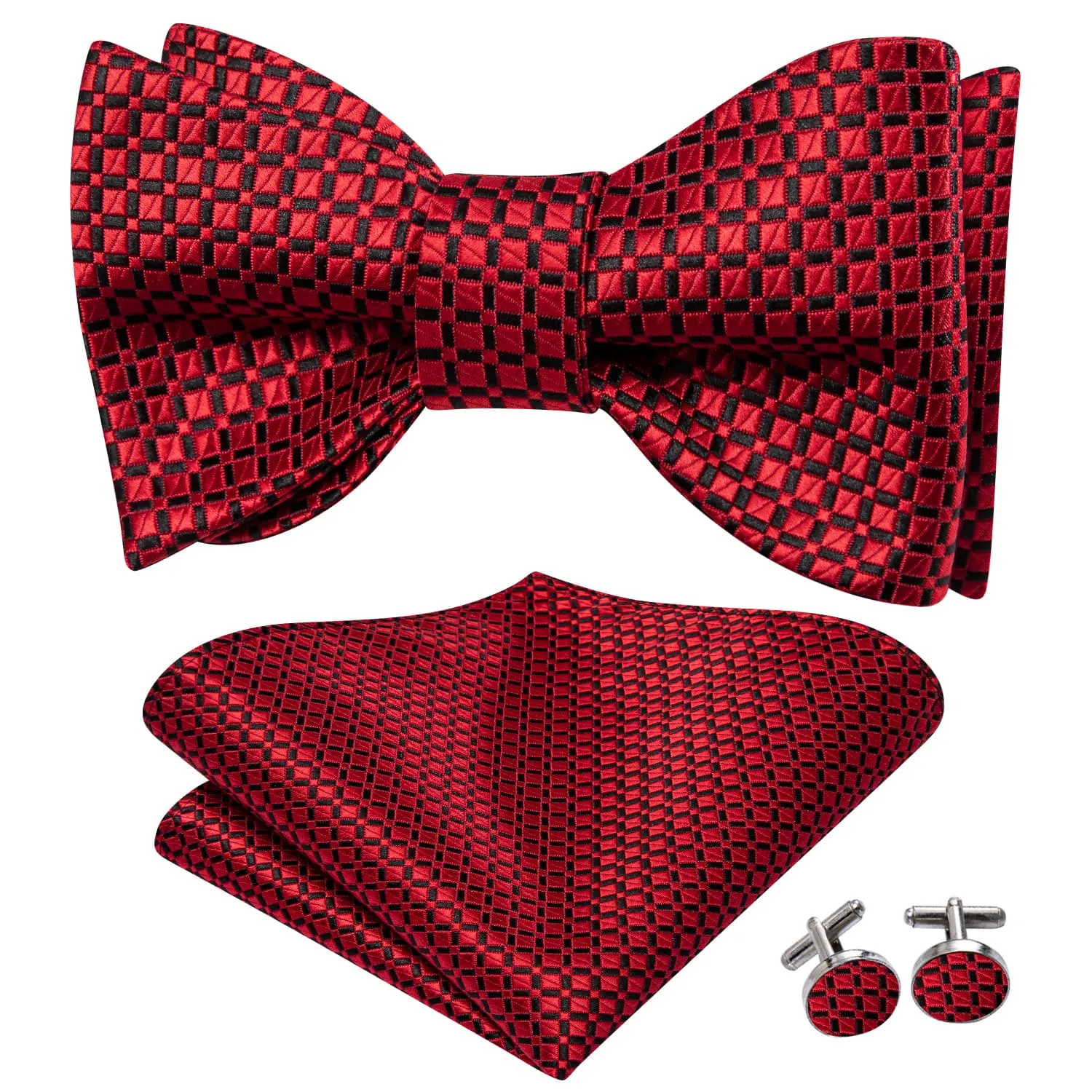 Hi-Tie Red Bowtie Black Jacquard Plaid Mens Tie Hanky Cufflinks Set