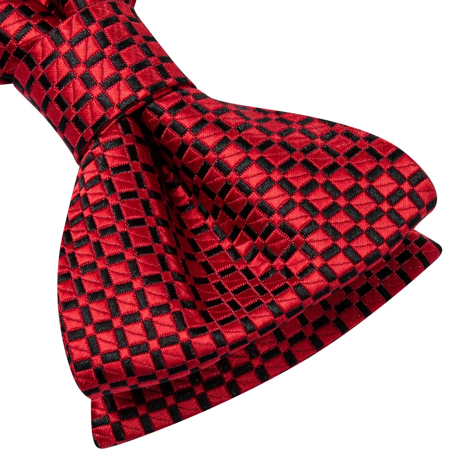 Hi-Tie Red Bowtie Black Jacquard Plaid Mens Tie Hanky Cufflinks Set
