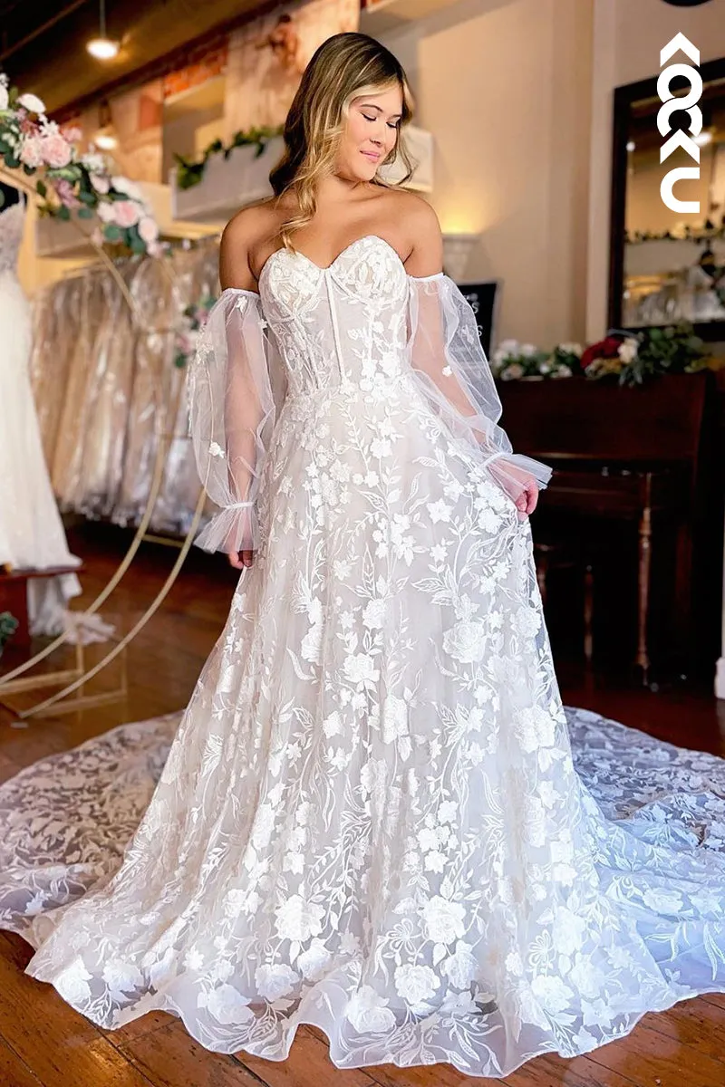 K1958 - Gorgeous & Charming Sweetheart A-line Fully Applique Puff Sleeves Wedding Dress