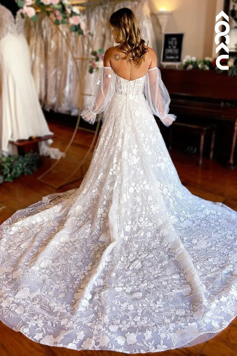 K1958 - Gorgeous & Charming Sweetheart A-line Fully Applique Puff Sleeves Wedding Dress