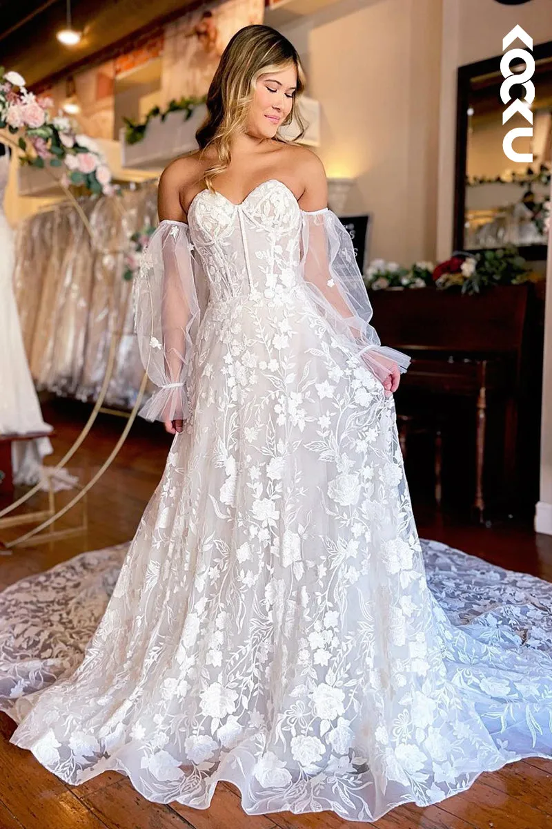 K1958 - Gorgeous & Charming Sweetheart A-line Fully Applique Puff Sleeves Wedding Dress
