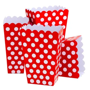 Kicko Ruby Red Popcorn Boxes with White Polka Dots - 16 Pack, 5.5 Inches, Cardboard Treat
