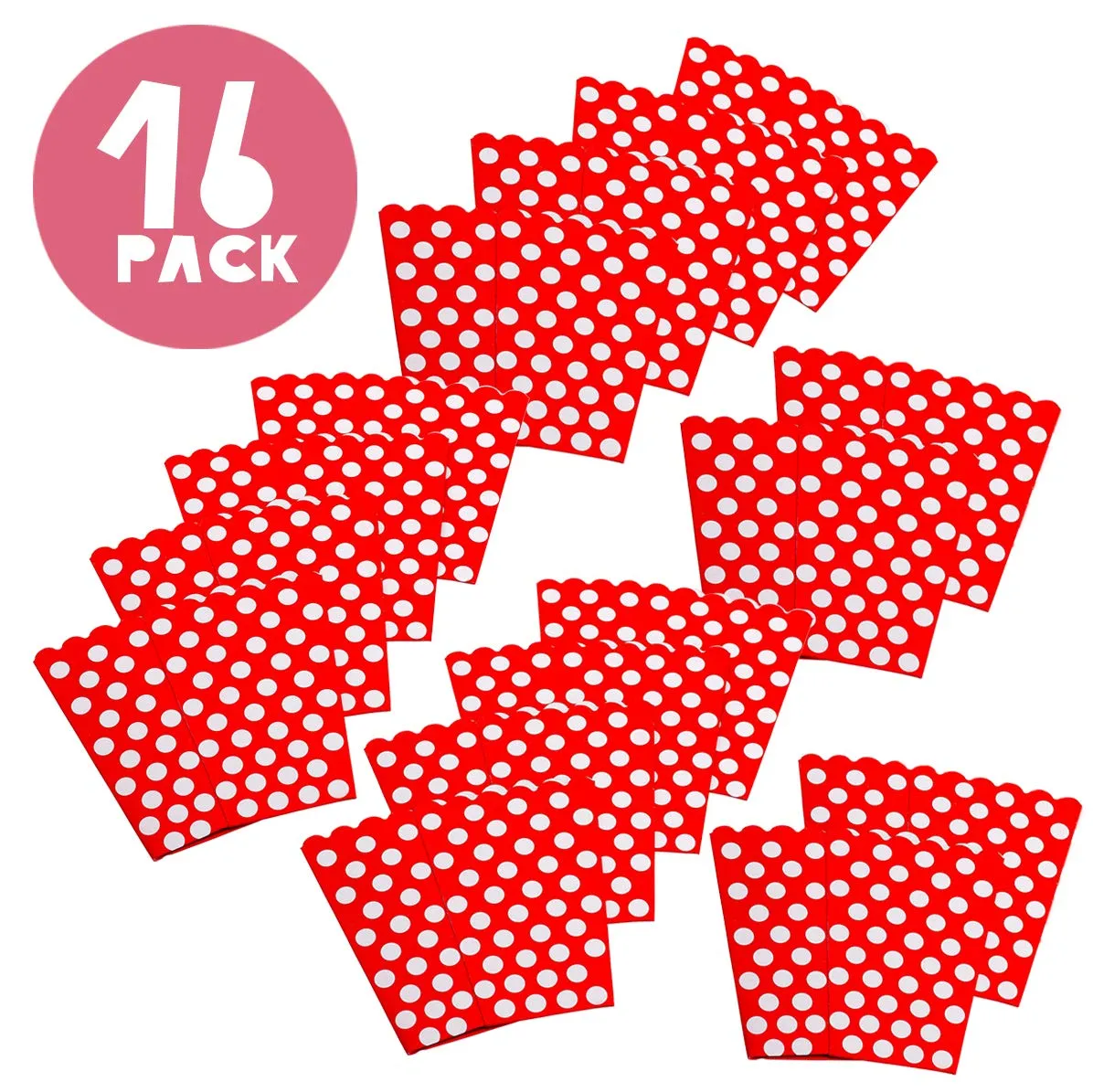 Kicko Ruby Red Popcorn Boxes with White Polka Dots - 16 Pack, 5.5 Inches, Cardboard Treat