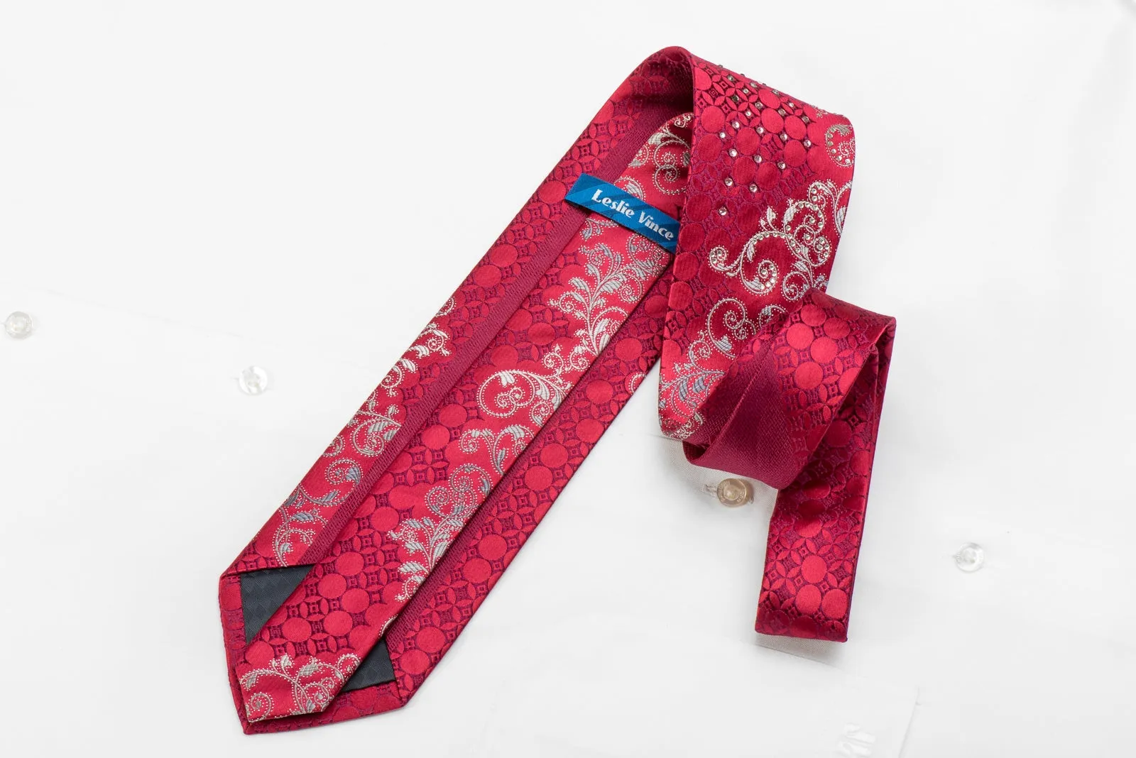 Leslie Vince Men's Crystal Silk Necktie Silver Acanthus on Red With Sparkles