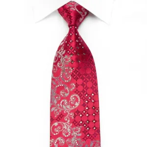 Leslie Vince Men's Crystal Silk Necktie Silver Acanthus on Red With Sparkles