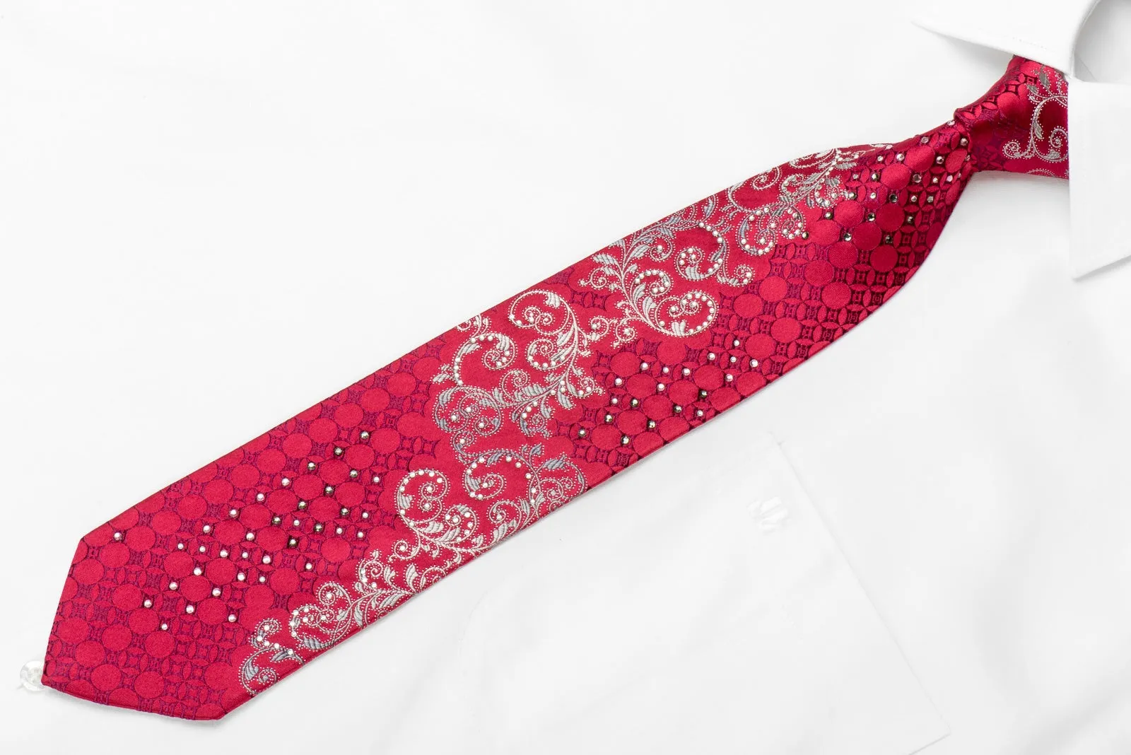 Leslie Vince Men's Crystal Silk Necktie Silver Acanthus on Red With Sparkles