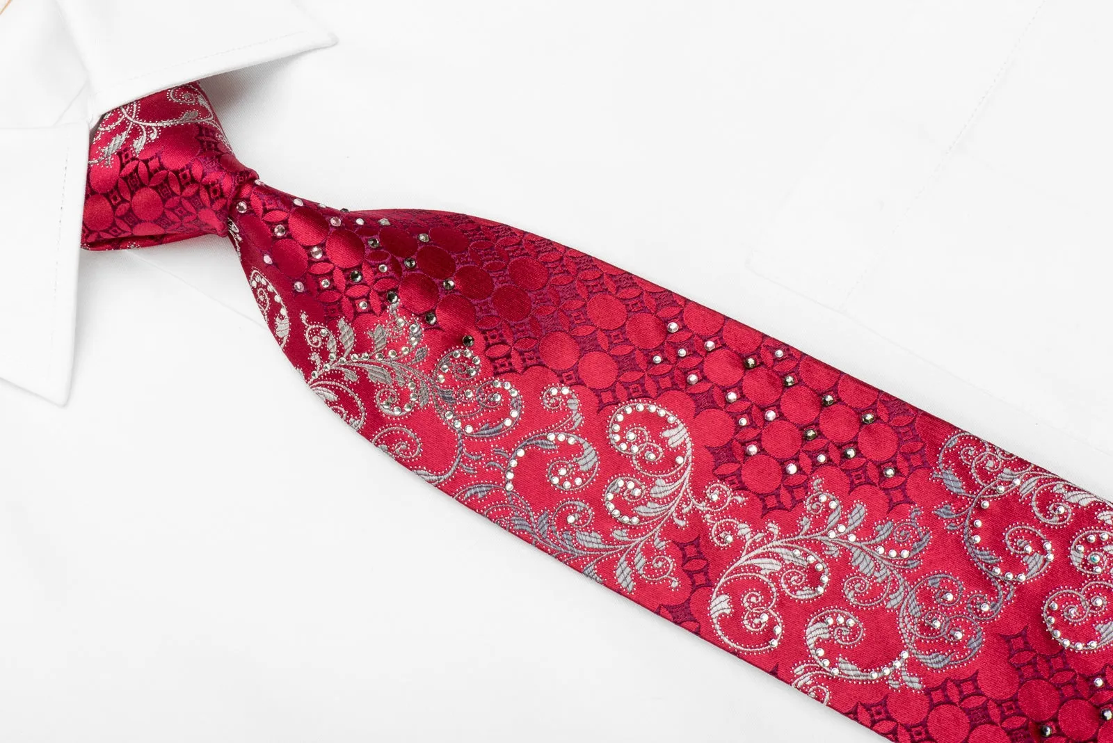Leslie Vince Men's Crystal Silk Necktie Silver Acanthus on Red With Sparkles