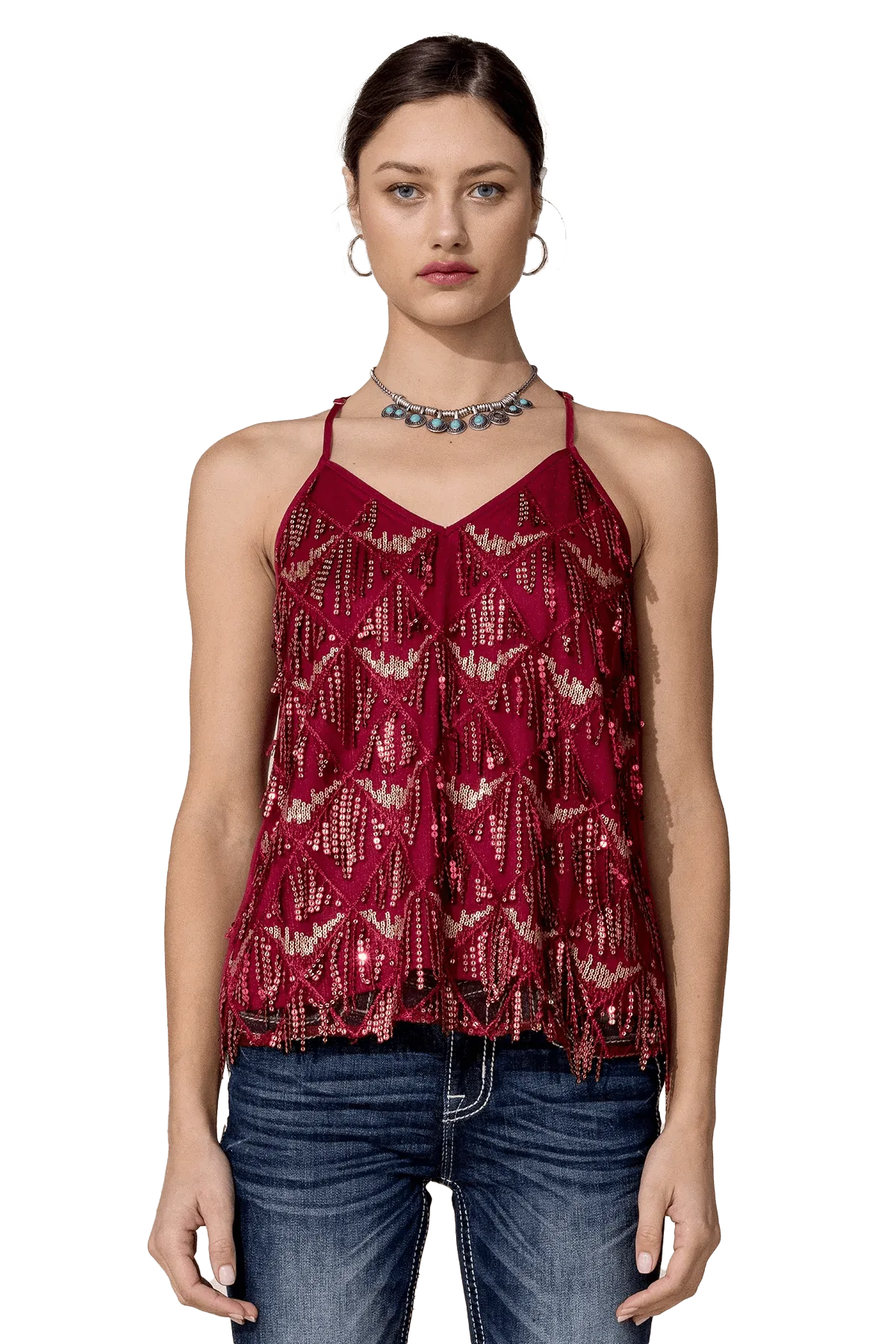 Miss Me Red Sequin Fringe Top