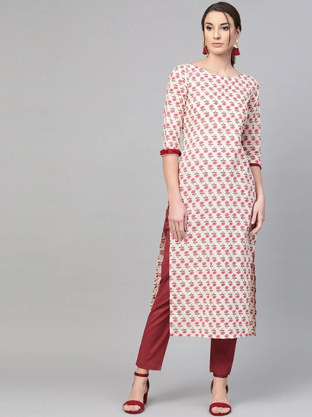 Off- White Pink Printed Kurta Set With Solid Maroon Pant