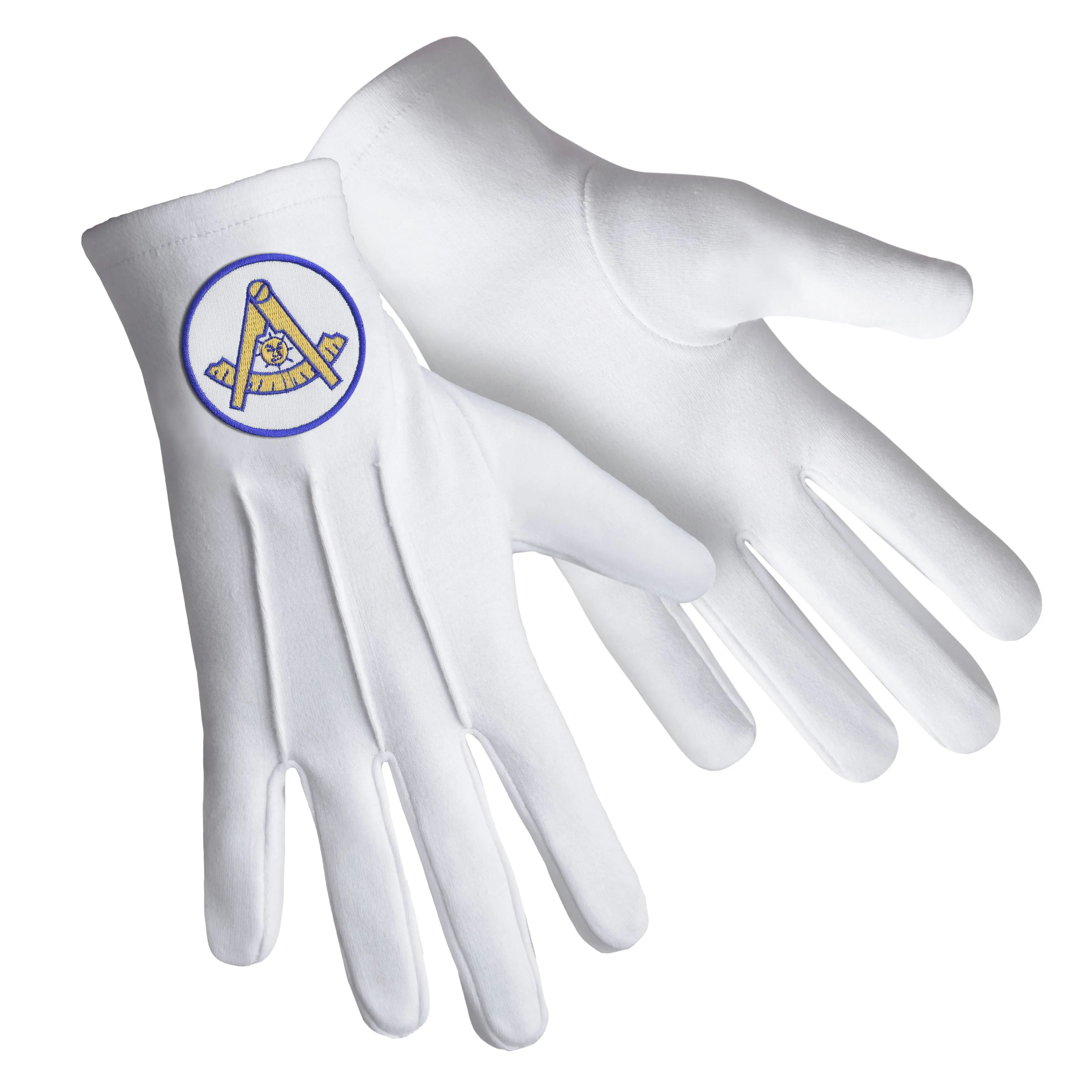 Past Master Blue Lodge California Regulation Gloves - Pure Cotton With Gold Emblem With Blue Borders