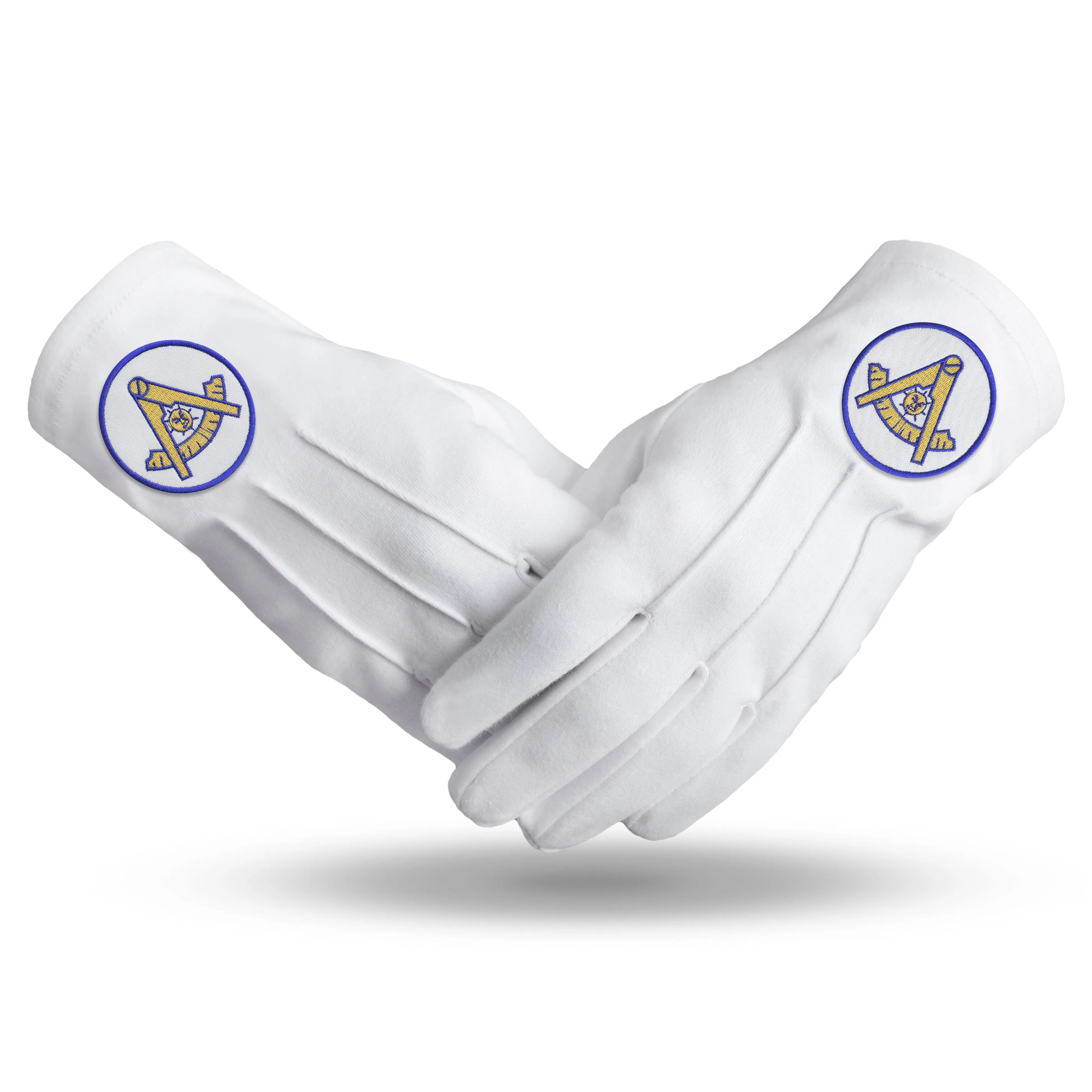 Past Master Blue Lodge California Regulation Gloves - Pure Cotton With Gold Emblem With Blue Borders
