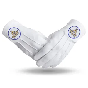 Past Master Blue Lodge California Regulation Gloves - Pure Cotton With Gold Emblem With Blue Borders