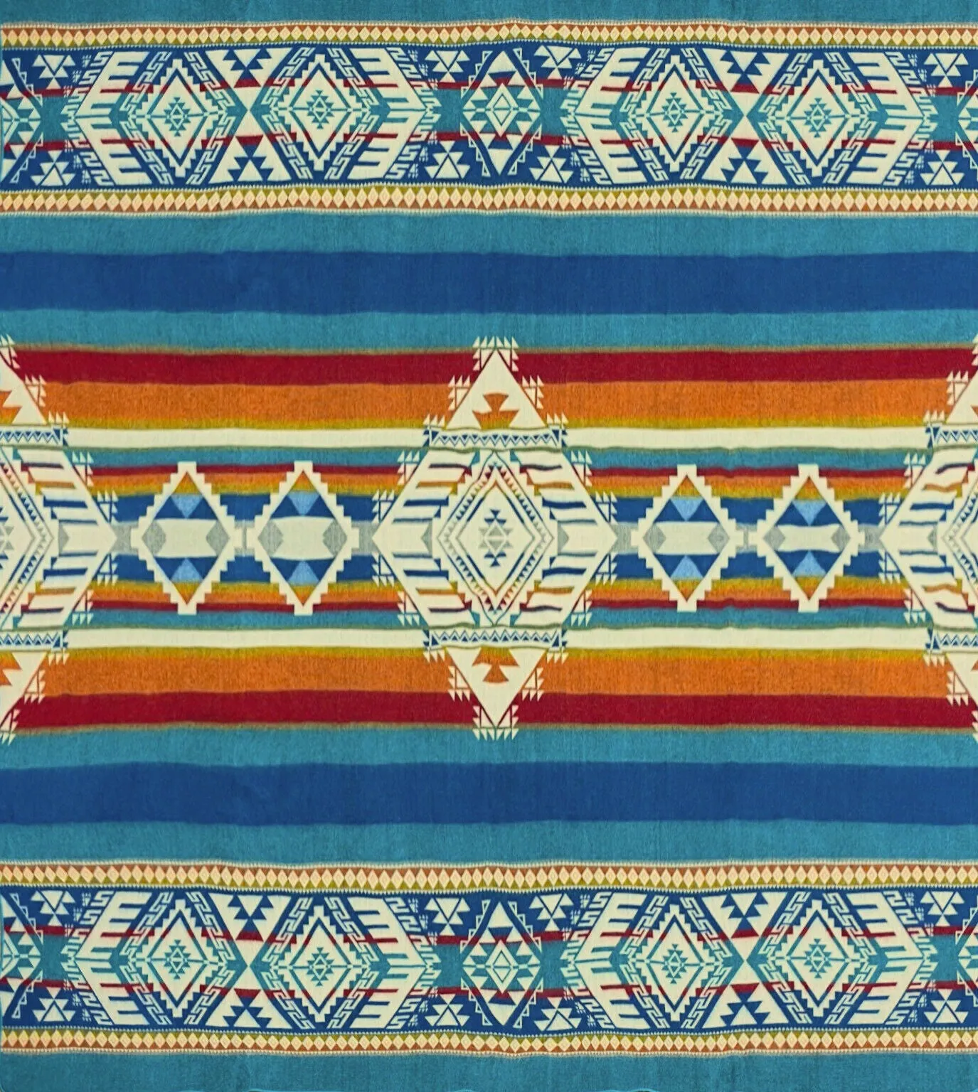 Quilotoa - Baby Alpaca Blanket - Extra Large - Reversible Aztec Pattern - turquoise-blue-cream