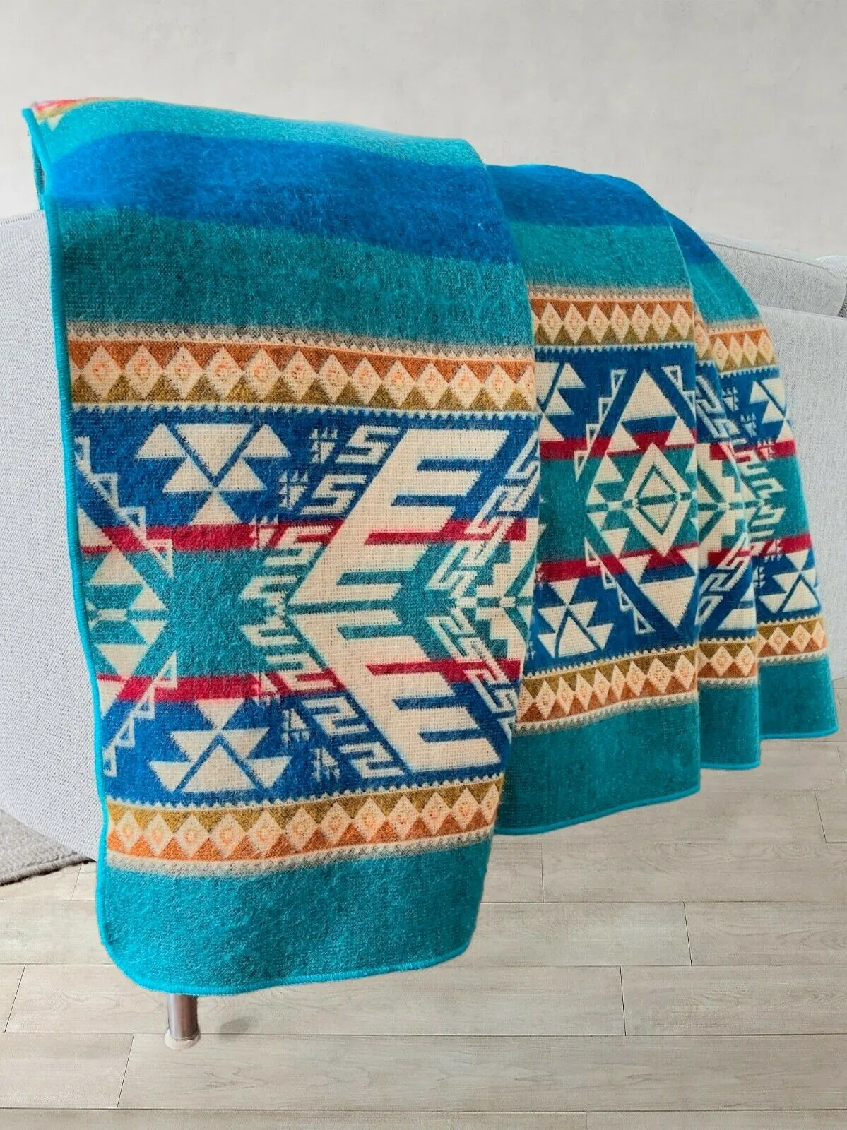 Quilotoa - Baby Alpaca Blanket - Extra Large - Reversible Aztec Pattern - turquoise-blue-cream