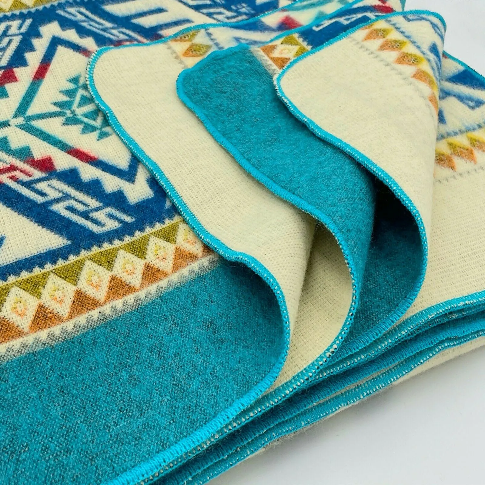 Quilotoa - Baby Alpaca Blanket - Extra Large - Reversible Aztec Pattern - turquoise-blue-cream