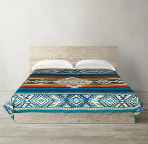 Quilotoa - Baby Alpaca Blanket - Extra Large - Reversible Aztec Pattern - turquoise-blue-cream