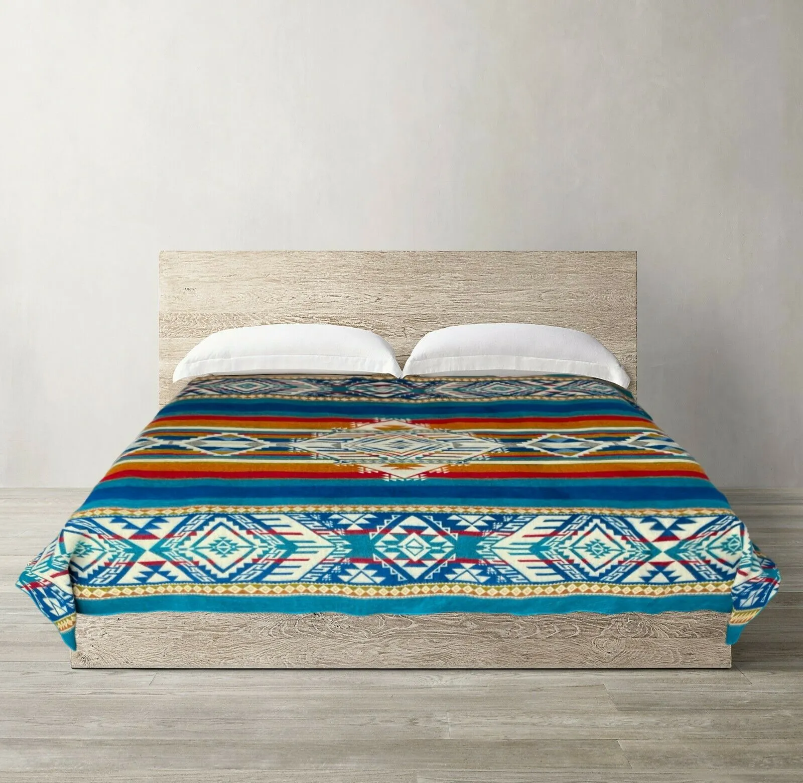 Quilotoa - Baby Alpaca Blanket - Extra Large - Reversible Aztec Pattern - turquoise-blue-cream