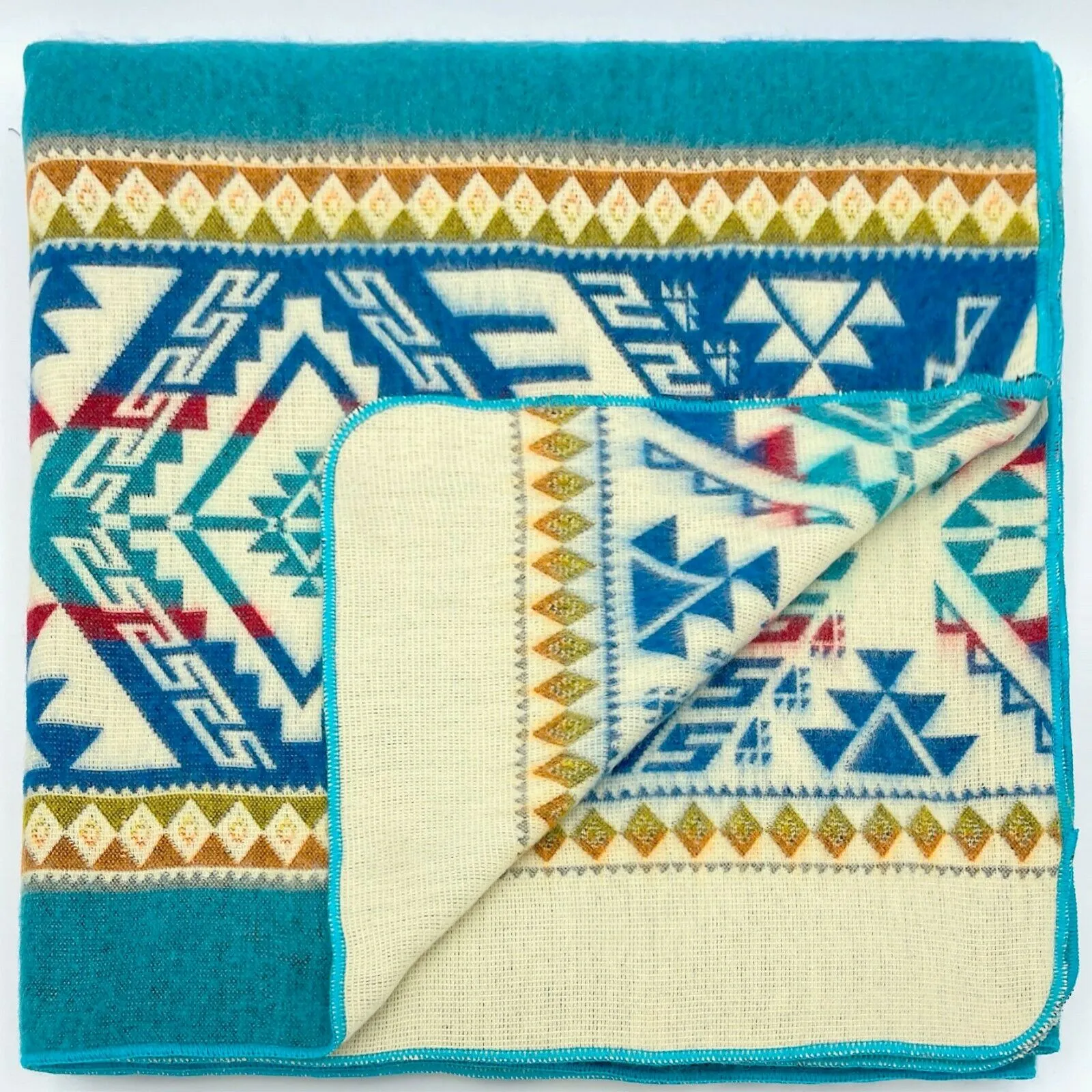 Quilotoa - Baby Alpaca Blanket - Extra Large - Reversible Aztec Pattern - turquoise-blue-cream
