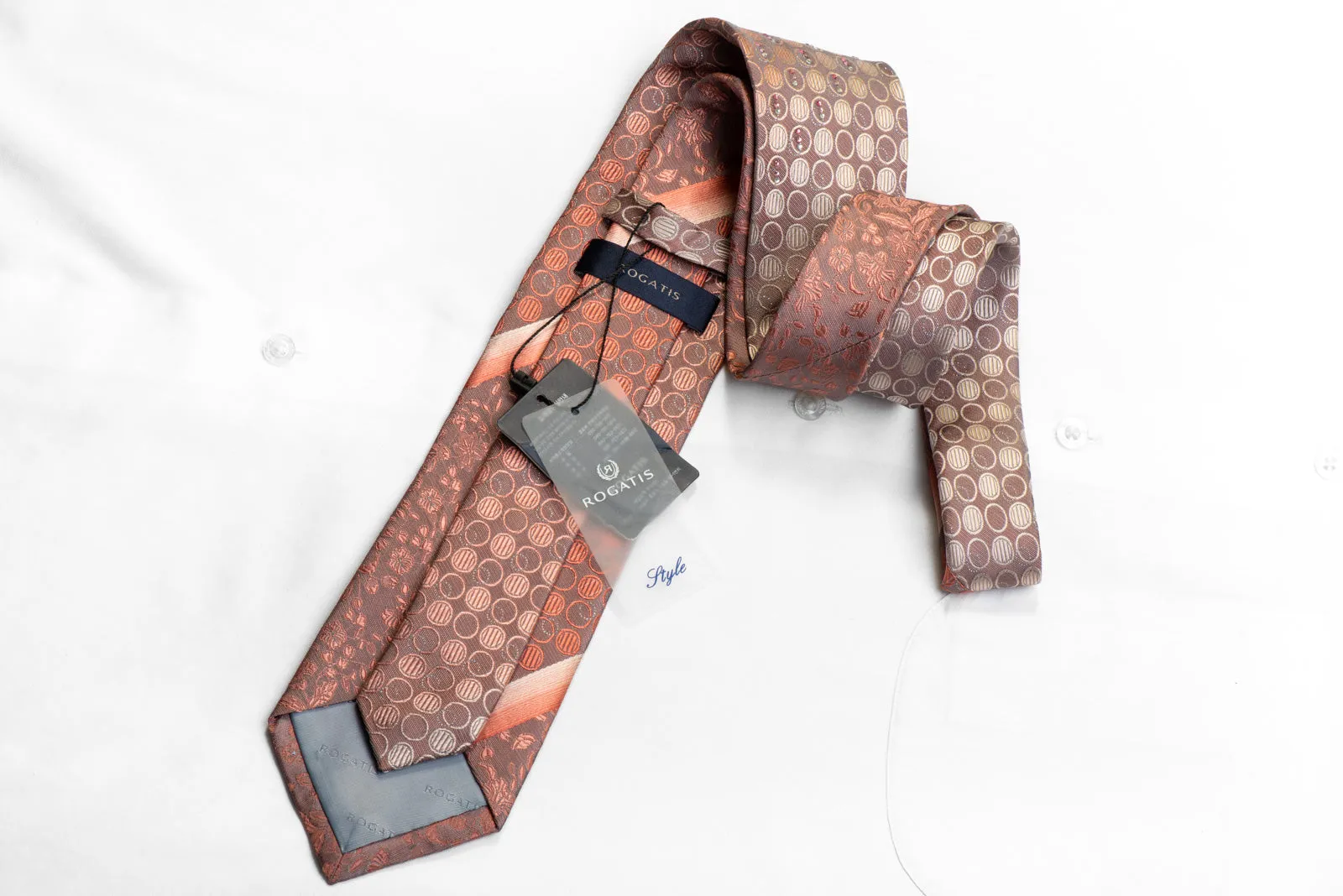 Rogatis Men's Rhinestone Necktie Pink Geometric Floral On Gray