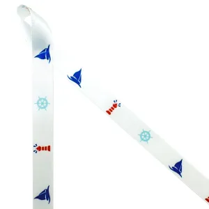 Sail Boats Ribbon with Lighthouses and Ships Wheels on White 5/8" Single Face Satin