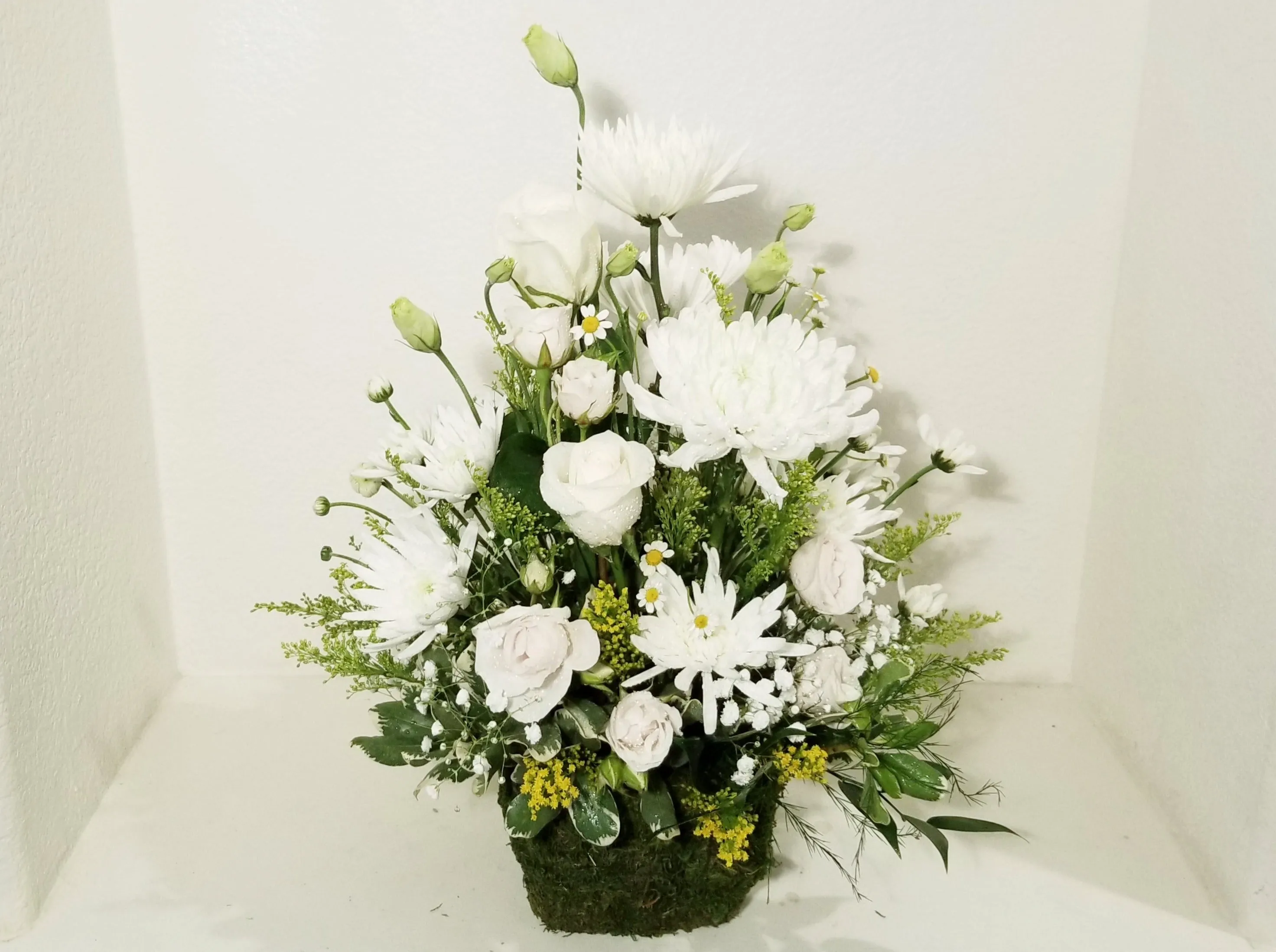 Seasonal White Arrangement in Preserved Moss Basket