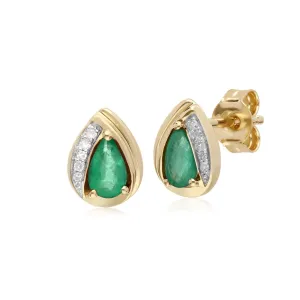 Smaragd Ohrring, 9 Karat Gelbgold Smaragd Diamant Birne Klassische Ohrstecker