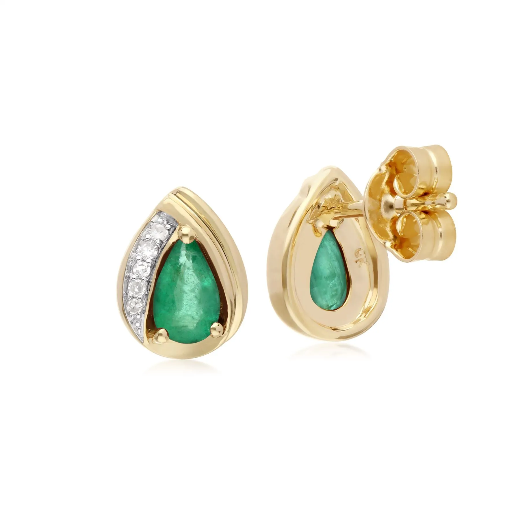 Smaragd Ohrring, 9 Karat Gelbgold Smaragd Diamant Birne Klassische Ohrstecker