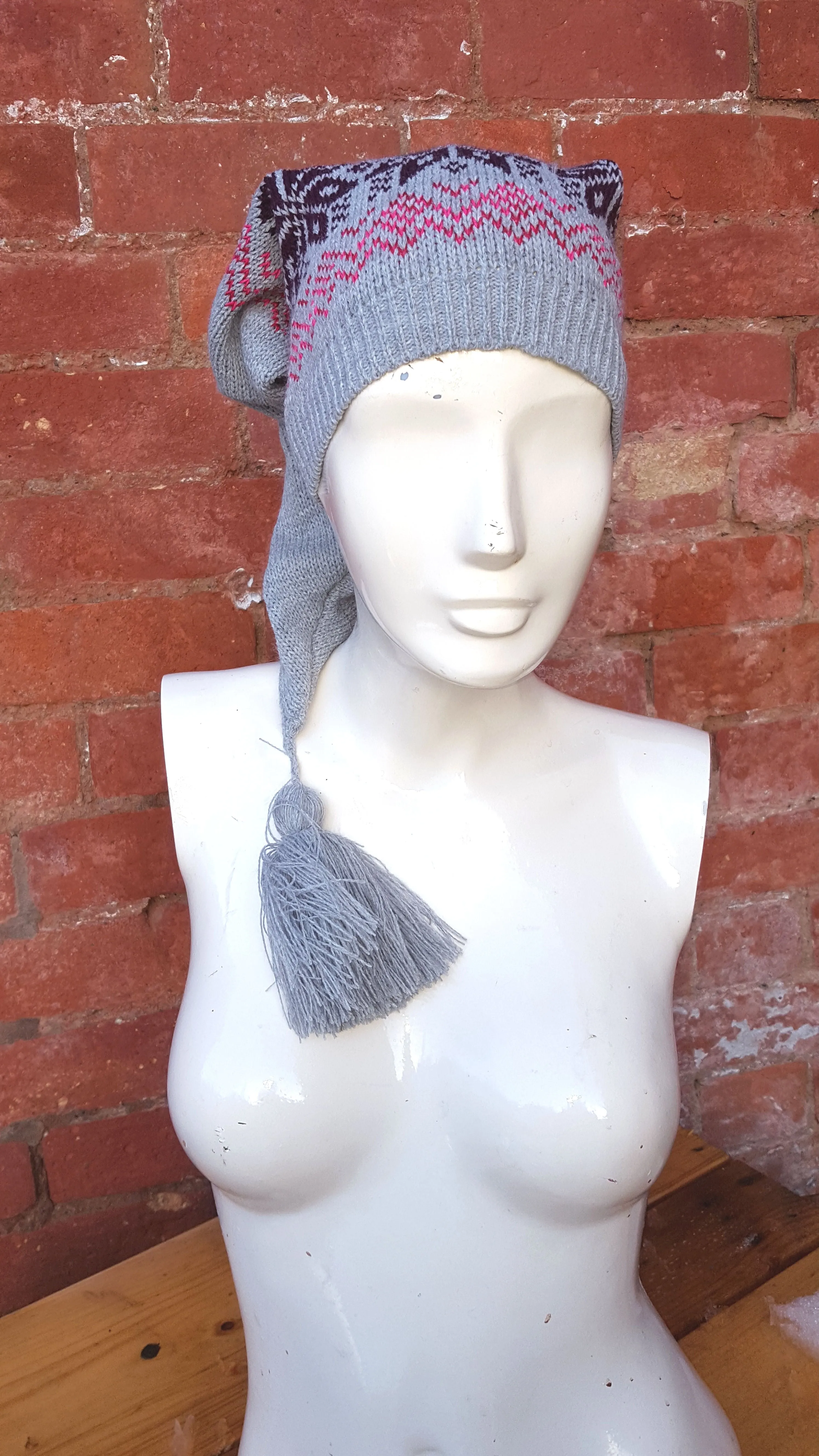 Soft grey coloured Winter Pixie Hat, fair isle pattern, one size fits all, unisex ski hat
