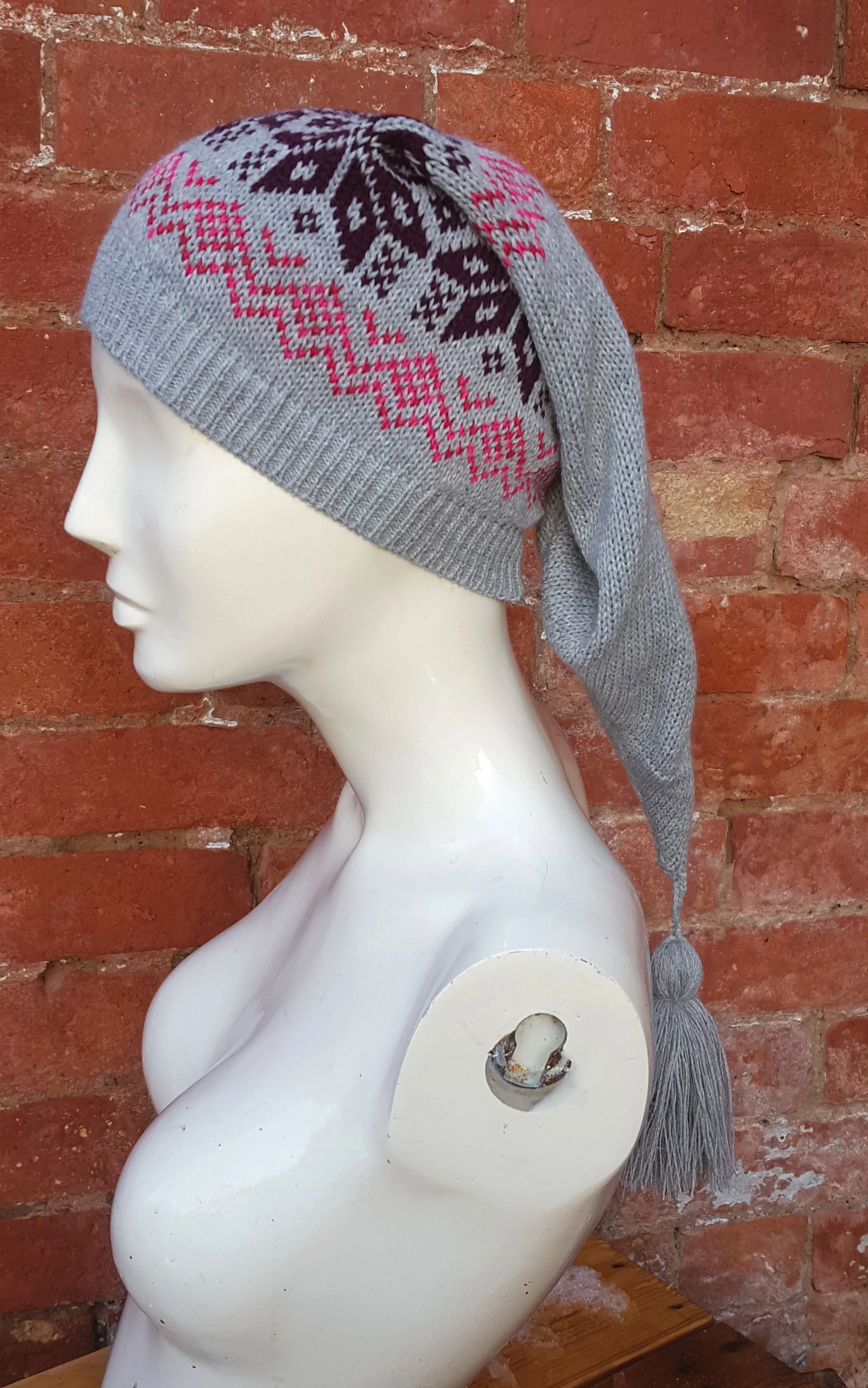 Soft grey coloured Winter Pixie Hat, fair isle pattern, one size fits all, unisex ski hat