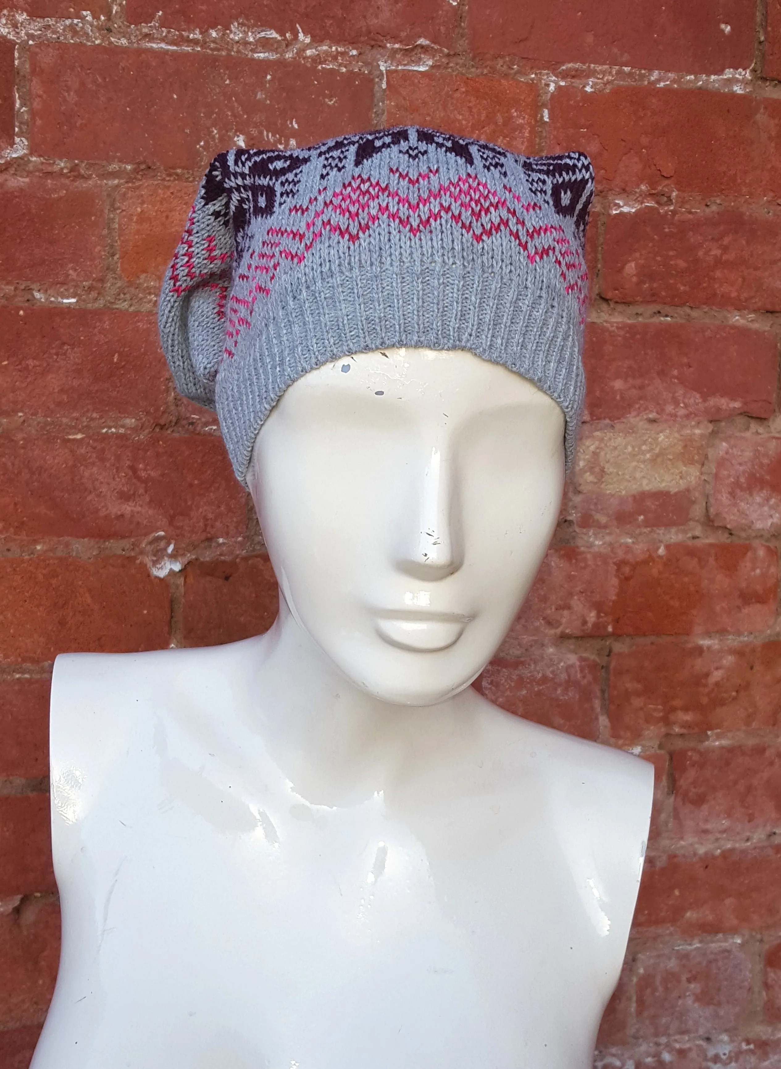 Soft grey coloured Winter Pixie Hat, fair isle pattern, one size fits all, unisex ski hat