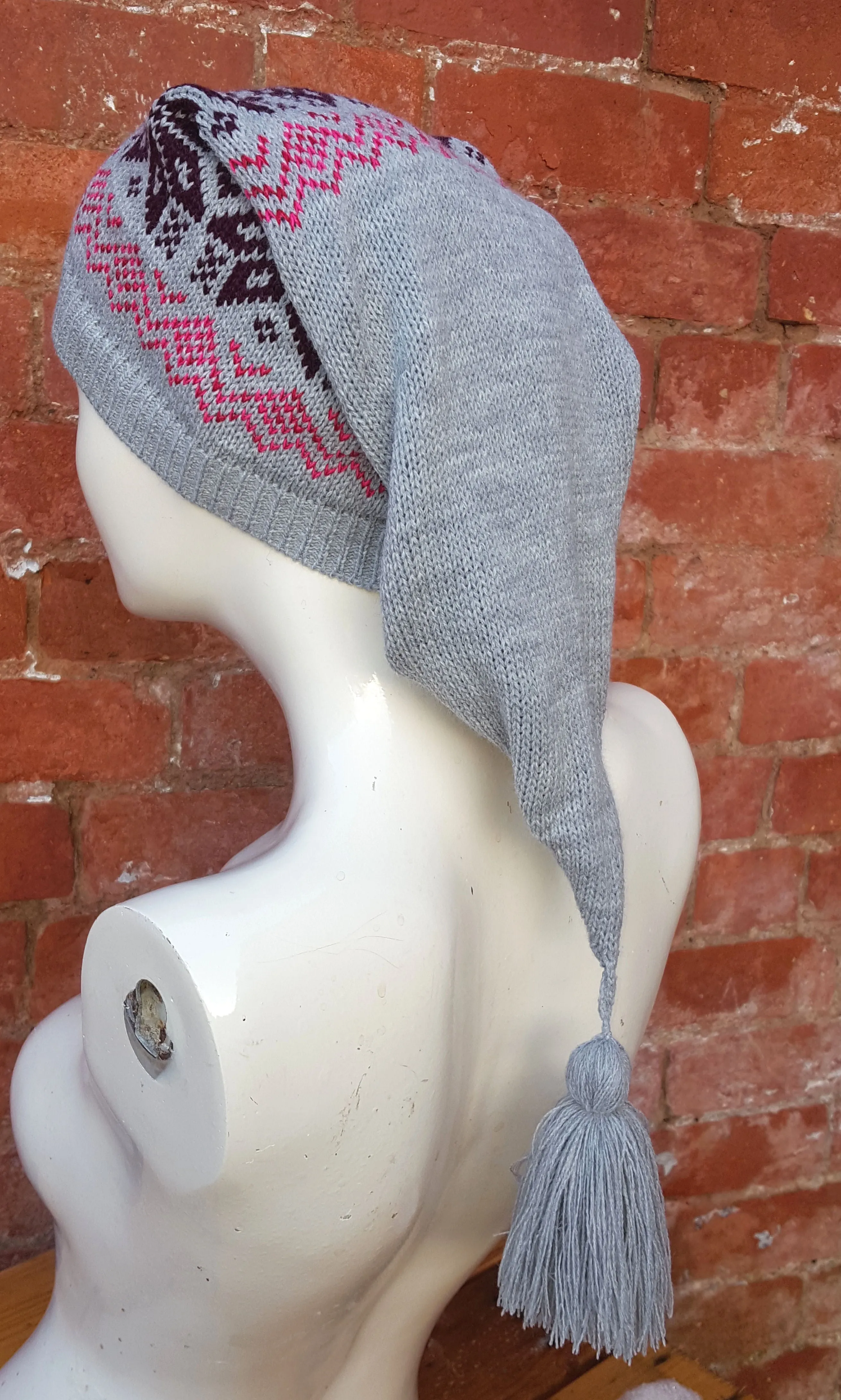 Soft grey coloured Winter Pixie Hat, fair isle pattern, one size fits all, unisex ski hat