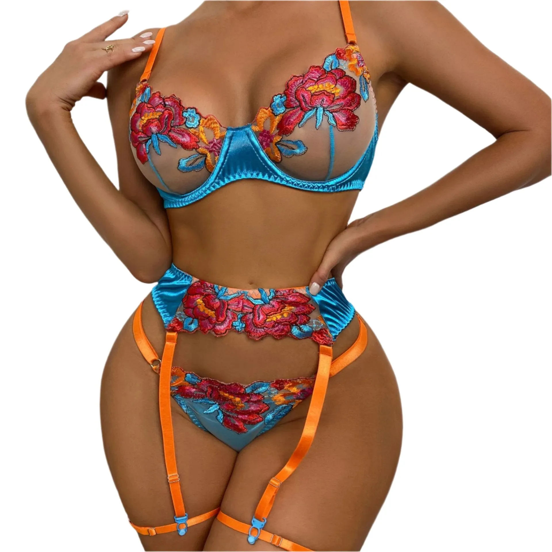 TEEK - 3-Piece Embroidery Contrast Color Lingerie Set