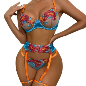 TEEK - 3-Piece Embroidery Contrast Color Lingerie Set