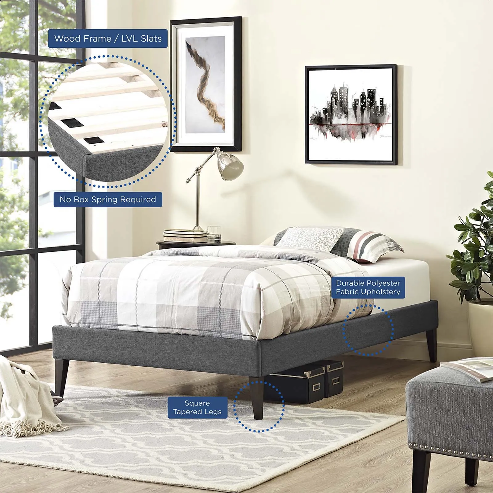 Tessie Twin Fabric Bed Frame with Squared Tapered Legs Gray MOD-5895-GRY
