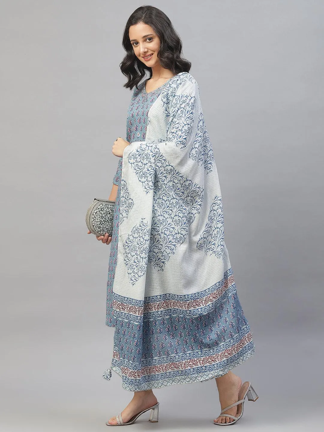 Turquoise Blue Cotton Floral Printed Kurta Pant Set With Dupatta
