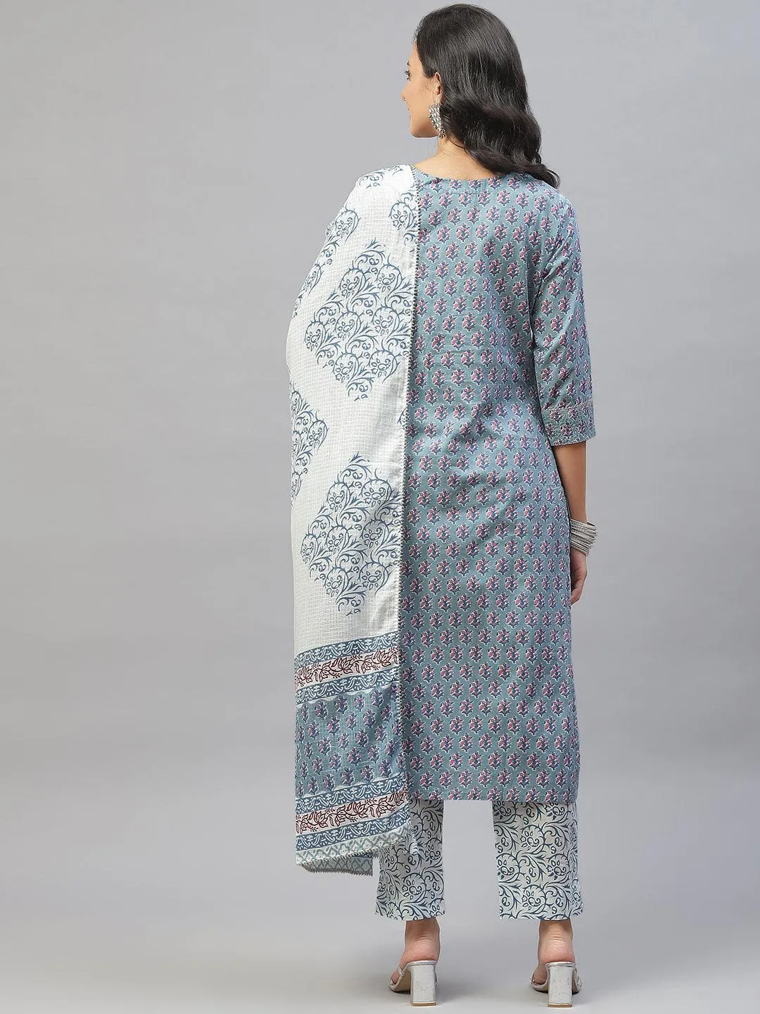 Turquoise Blue Cotton Floral Printed Kurta Pant Set With Dupatta