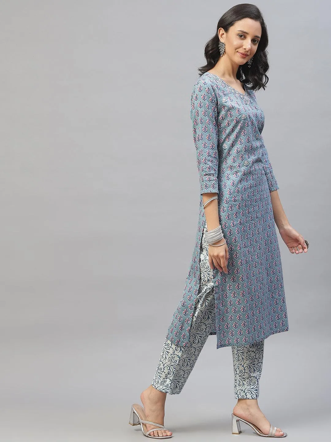 Turquoise Blue Cotton Floral Printed Kurta Pant Set With Dupatta